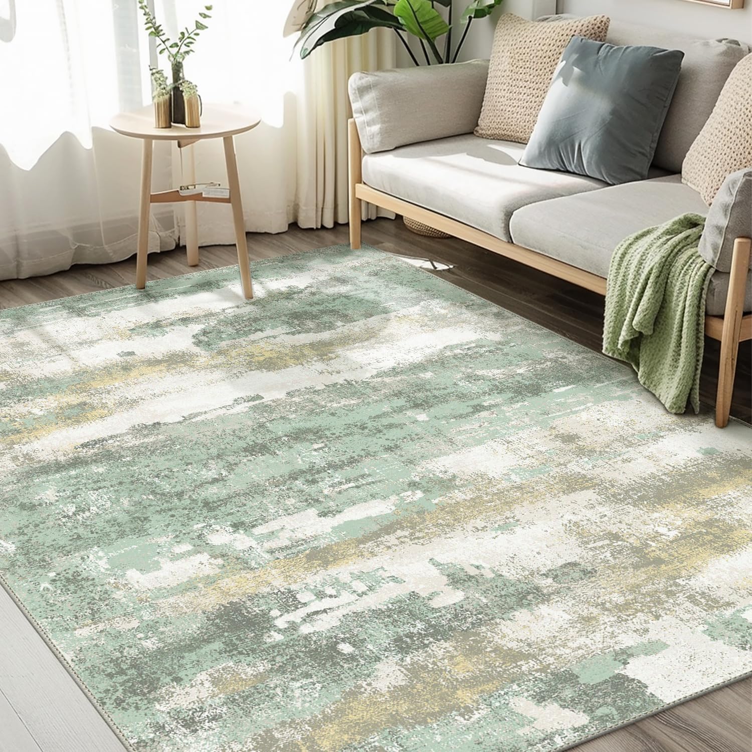 Machine Washable Rug 8x10 Area Rugs for Living Room Bedroom, Large Turquoise Abstract Area Rug Soft Throw Rugs, Low-Pile Floor Carpet with Non Slip Rubber Backing