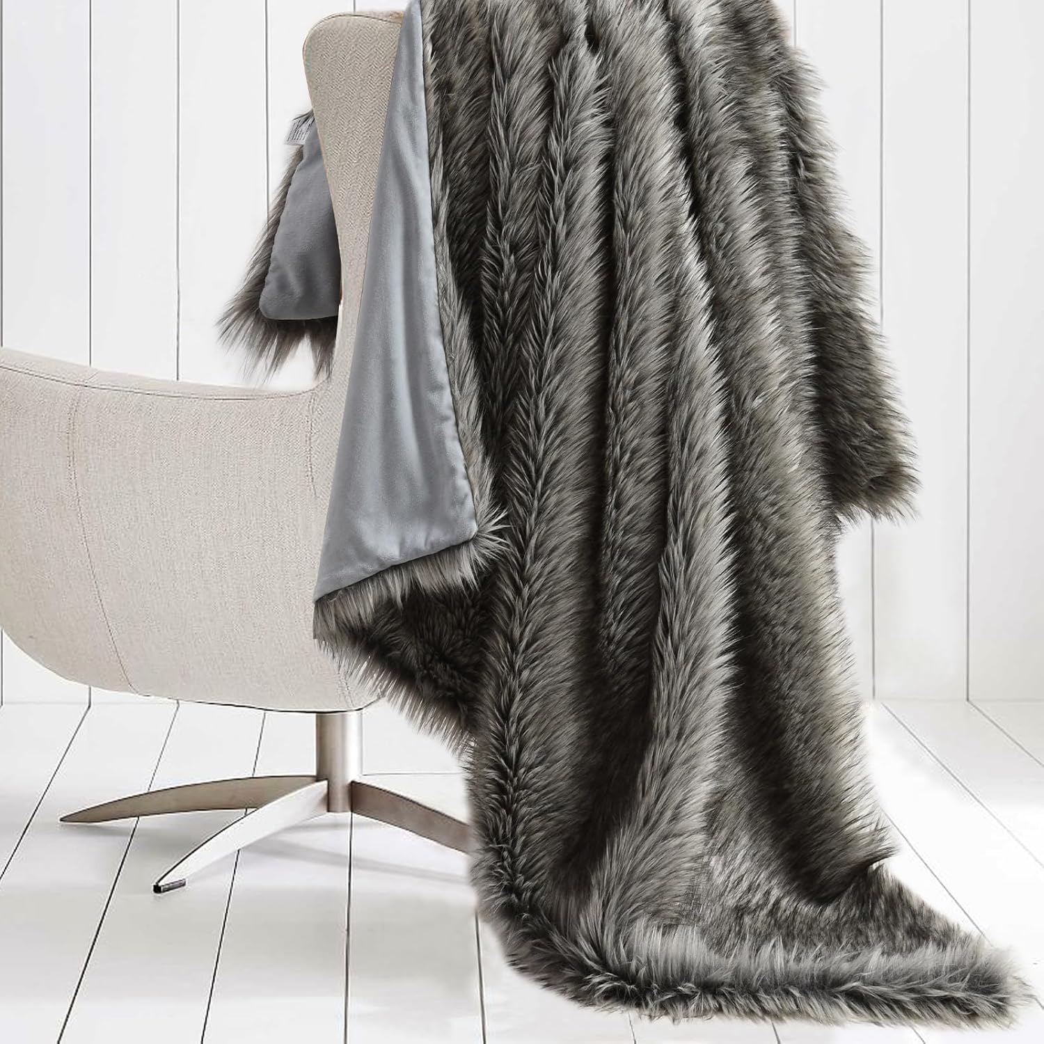 Luxury Plush Faux Fur Throw Blanket, Long Pile Brown with Black Tipped Blanket, Super Warm, Fuzzy, Elegant, Fluffy Decoration Blanket Scarf for Sofa, Armchair, Couch and Bed, 50''x 60''