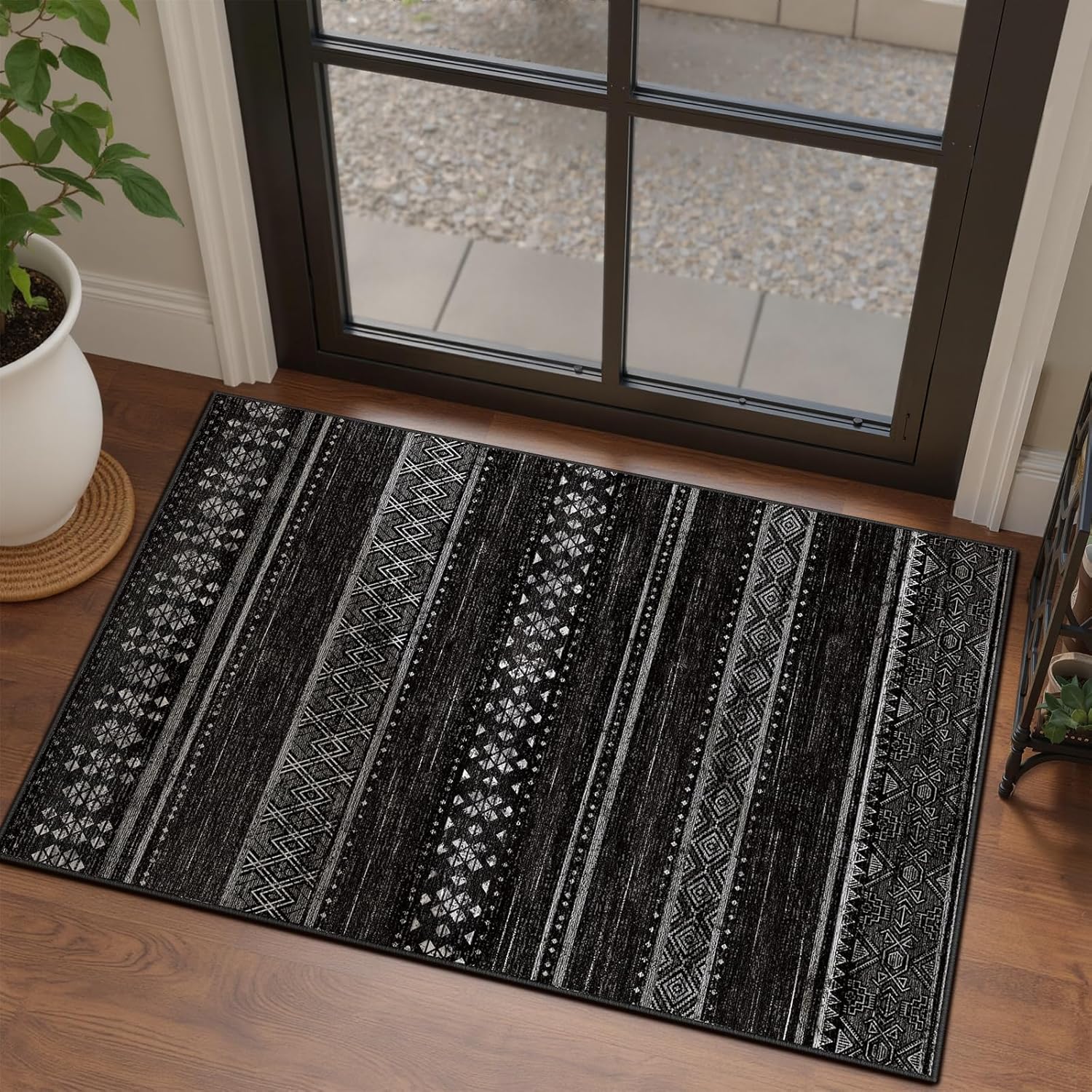 BESTSWEETIE 8x10 Area Rugs for Living Room Washable Moroccan Farmhouse Neutral Geometric Low Pile Non-Slip Soft Print Pattern Rug for Bedroom Kitchen Dining Room Entryway Black/Brown