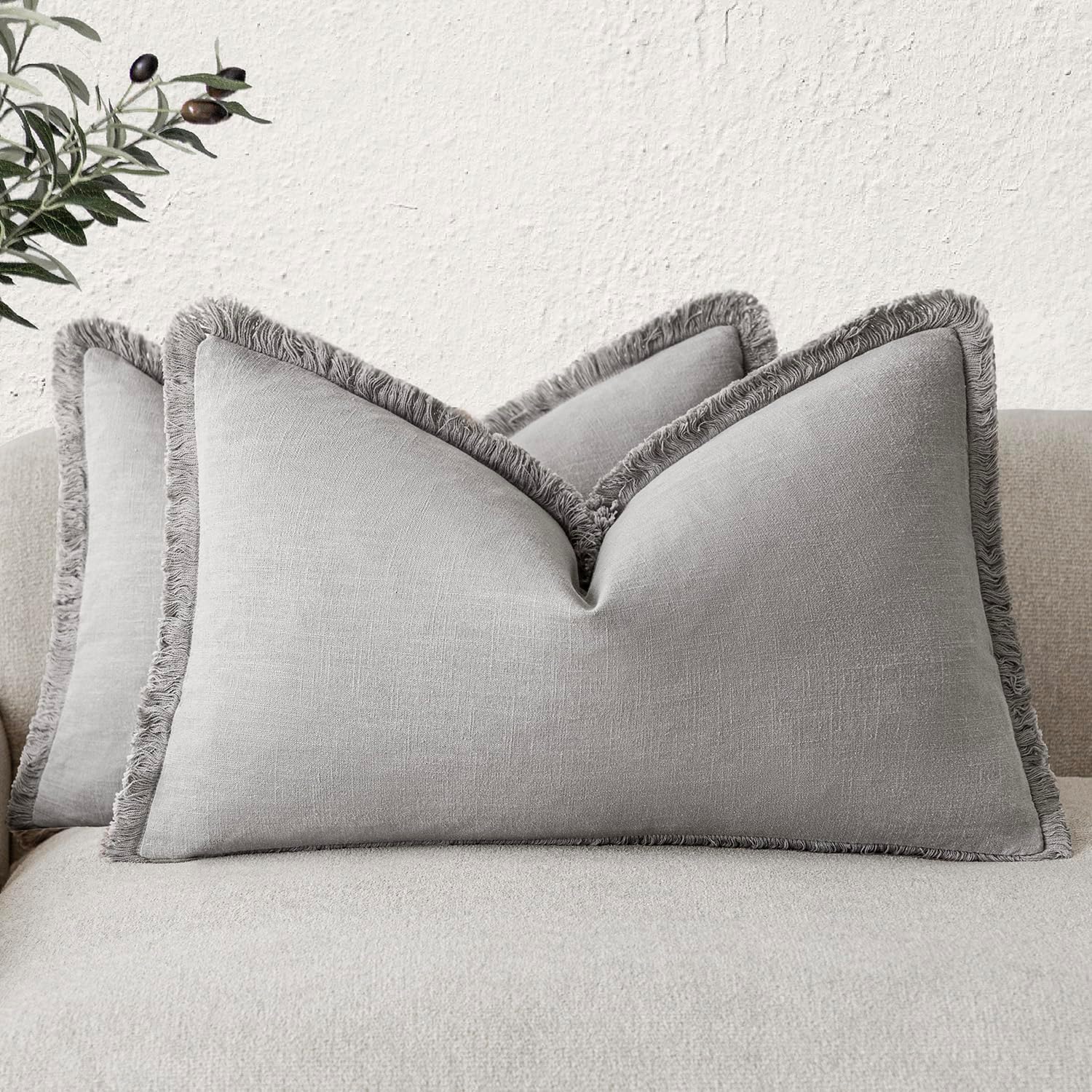 Foindtower Set of 2 Decorative Linen Fringe Throw Pillow Covers Cozy Boho Farmhouse Cushion Cover with Tassels Soft Accent Pillowcase for Couch Sofa Living Room Home Decor, 26×26 Inch, Natural Beige