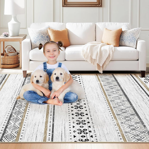 BESTSWEETIE 8x10 Area Rugs for Living Room Washable Moroccan Farmhouse Neutral Geometric Low Pile Non-Slip Soft Print Pattern Rug for Bedroom Kitchen Dining Room Entryway Black/Brown