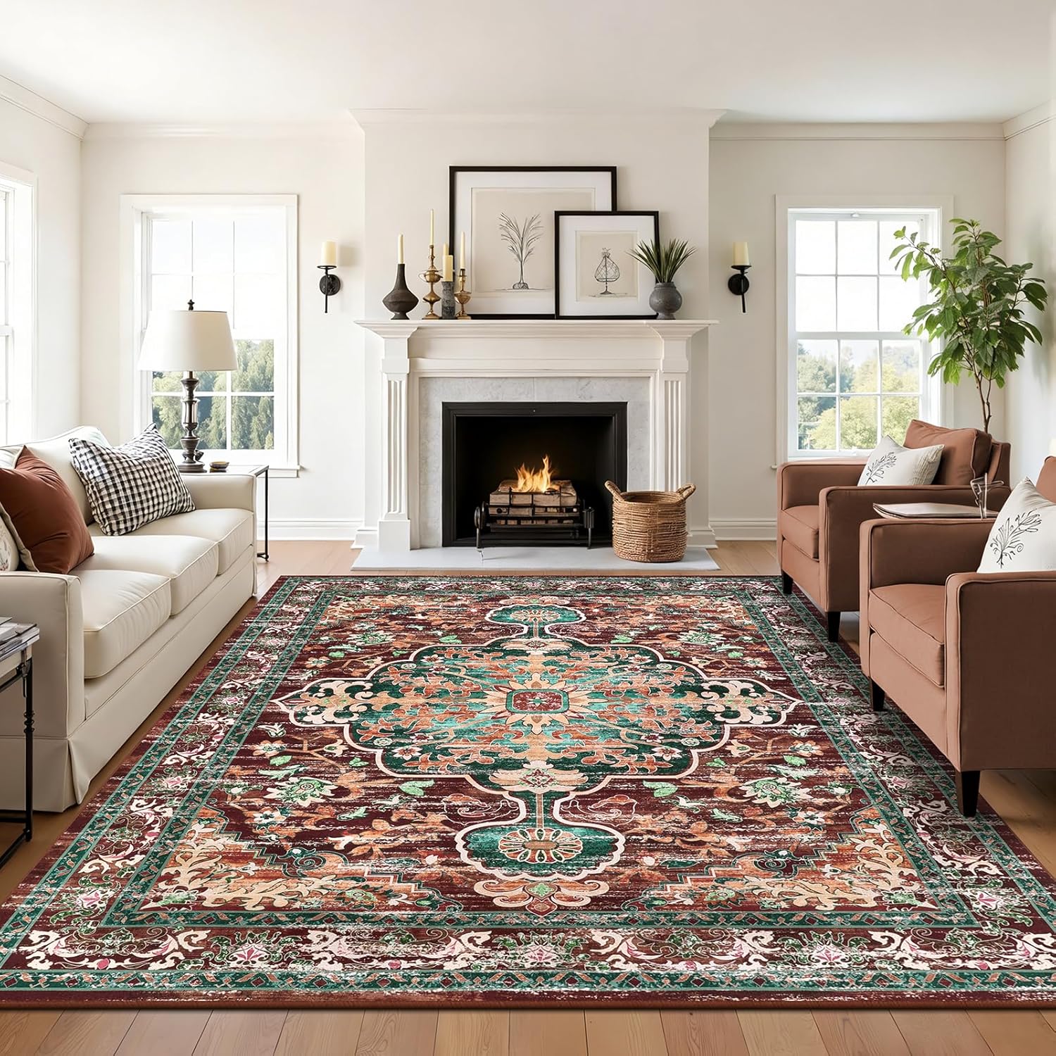 U'Artlines Boho Vintage Area Rug 8x10 Machine Washable Low Pile Soft Floor Carpet Non Slip Non Shedding Accent Rug for Living Room Bedroom Entryway Dining Room Office Cream Tan