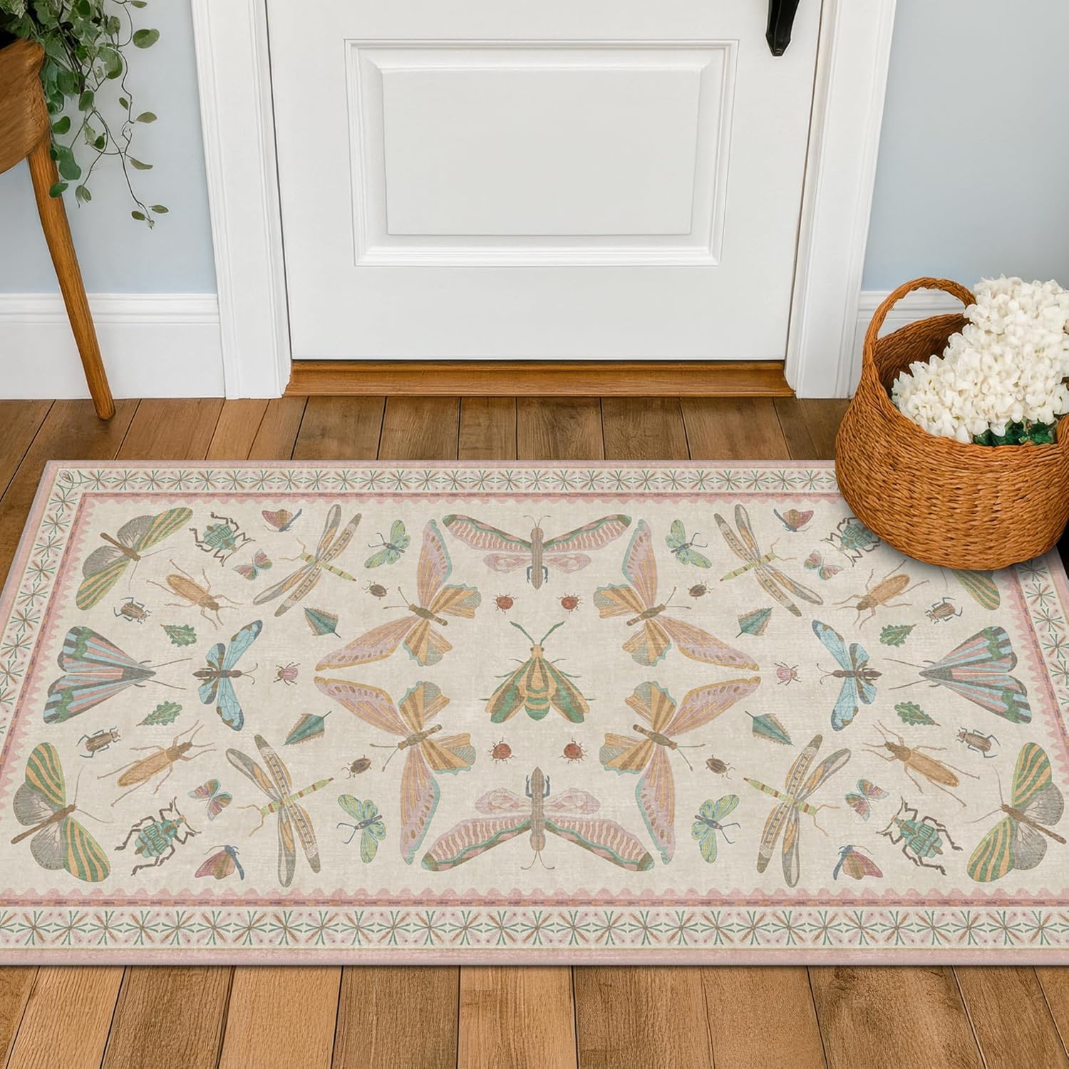 Living Room Rug Black Boho 6x9 - Dining Room Rugs for Under Table, Bedroom, Insect Bug Eclectic Home Décor, Washable Non Slip Foldable