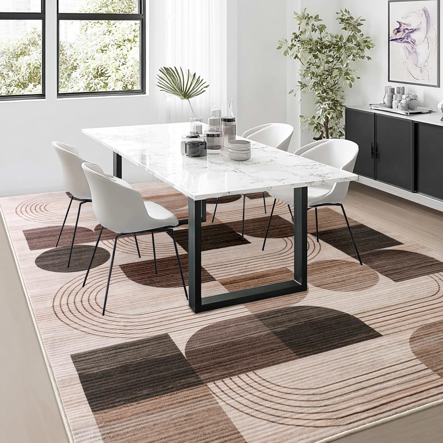 Large Machine Washable 6x9 Area Rug, Soft Modern Geometric Abstract Brown Rugs for Bedroom Living Room, Non-Shedding Faux Wool Indoor Throw Floor Carpet for Office Entryway Dining Room Decor