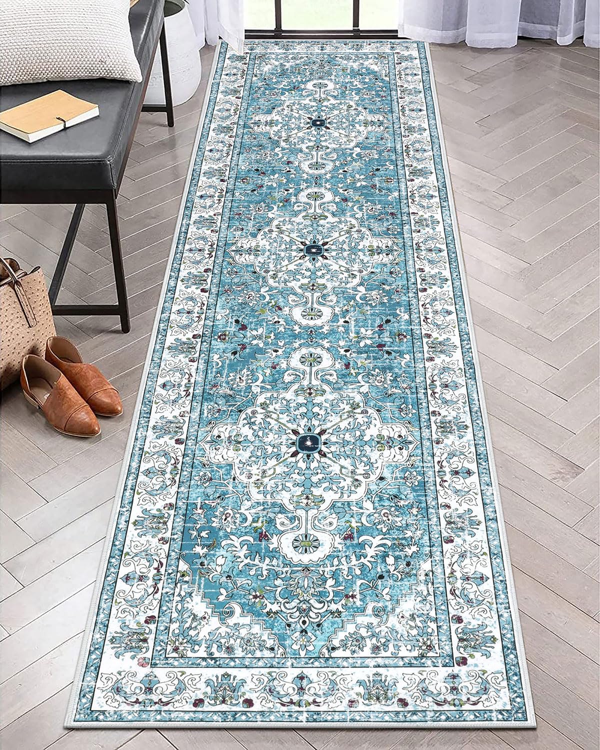 U'Artlines Boho Vintage Area Rug 8x10 Machine Washable Low Pile Soft Floor Carpet Non Slip Non Shedding Accent Rug for Living Room Bedroom Entryway Dining Room Office Cream Tan