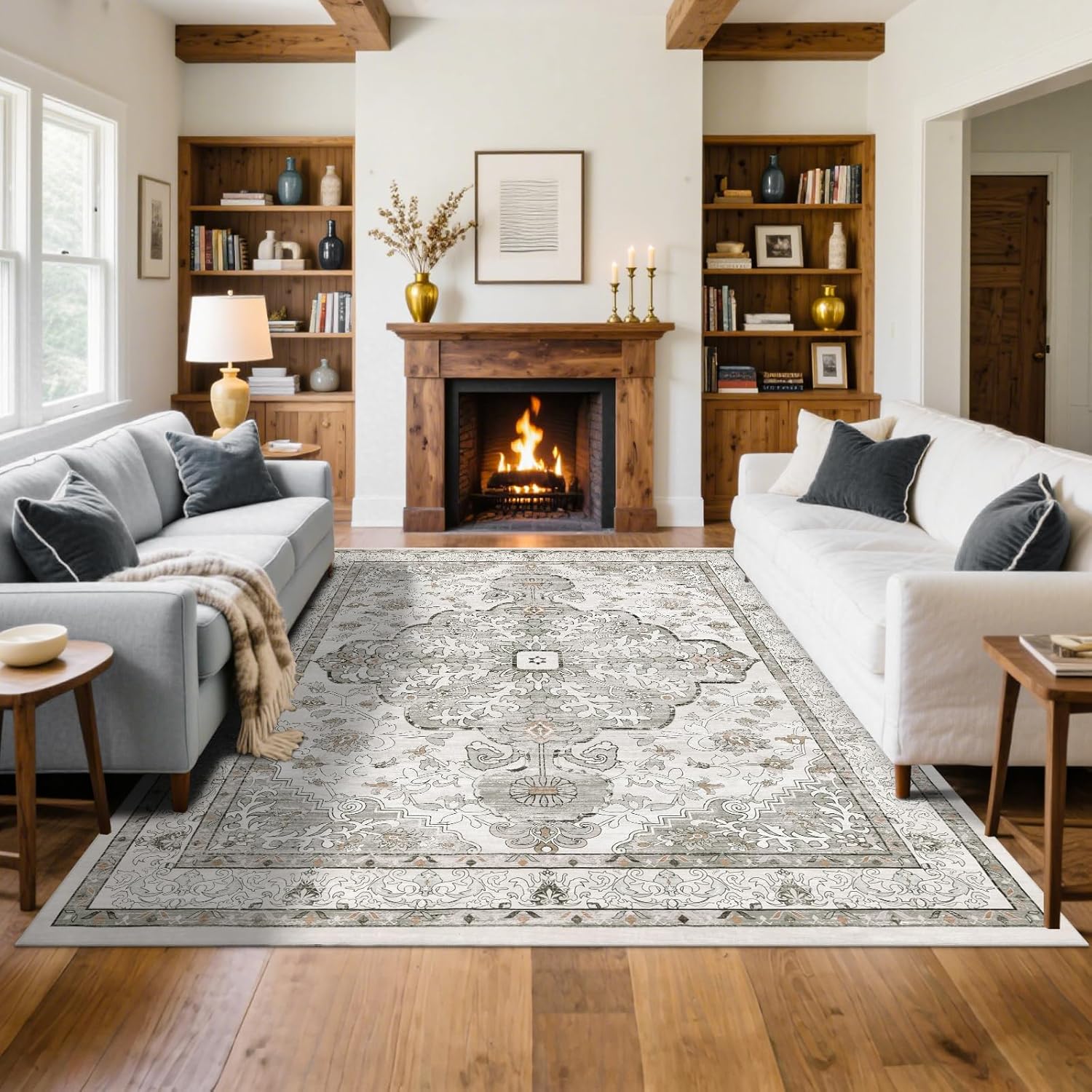 U'Artlines Boho Vintage Area Rug 8x10 Machine Washable Low Pile Soft Floor Carpet Non Slip Non Shedding Accent Rug for Living Room Bedroom Entryway Dining Room Office Cream Tan