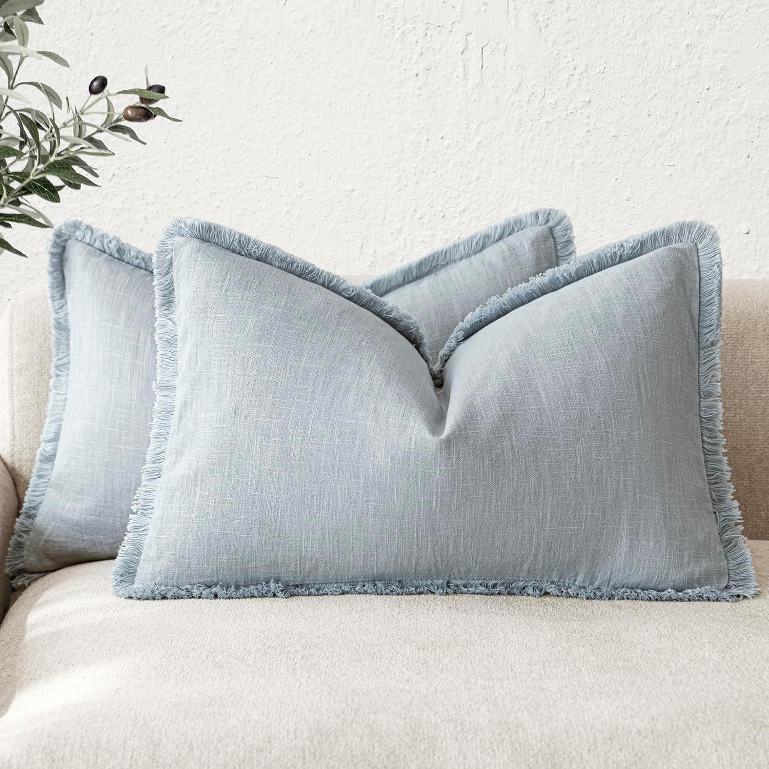 Foindtower Set of 2 Decorative Linen Fringe Throw Pillow Covers Cozy Boho Farmhouse Cushion Cover with Tassels Soft Accent Pillowcase for Couch Sofa Living Room Home Decor, 26×26 Inch, Natural Beige