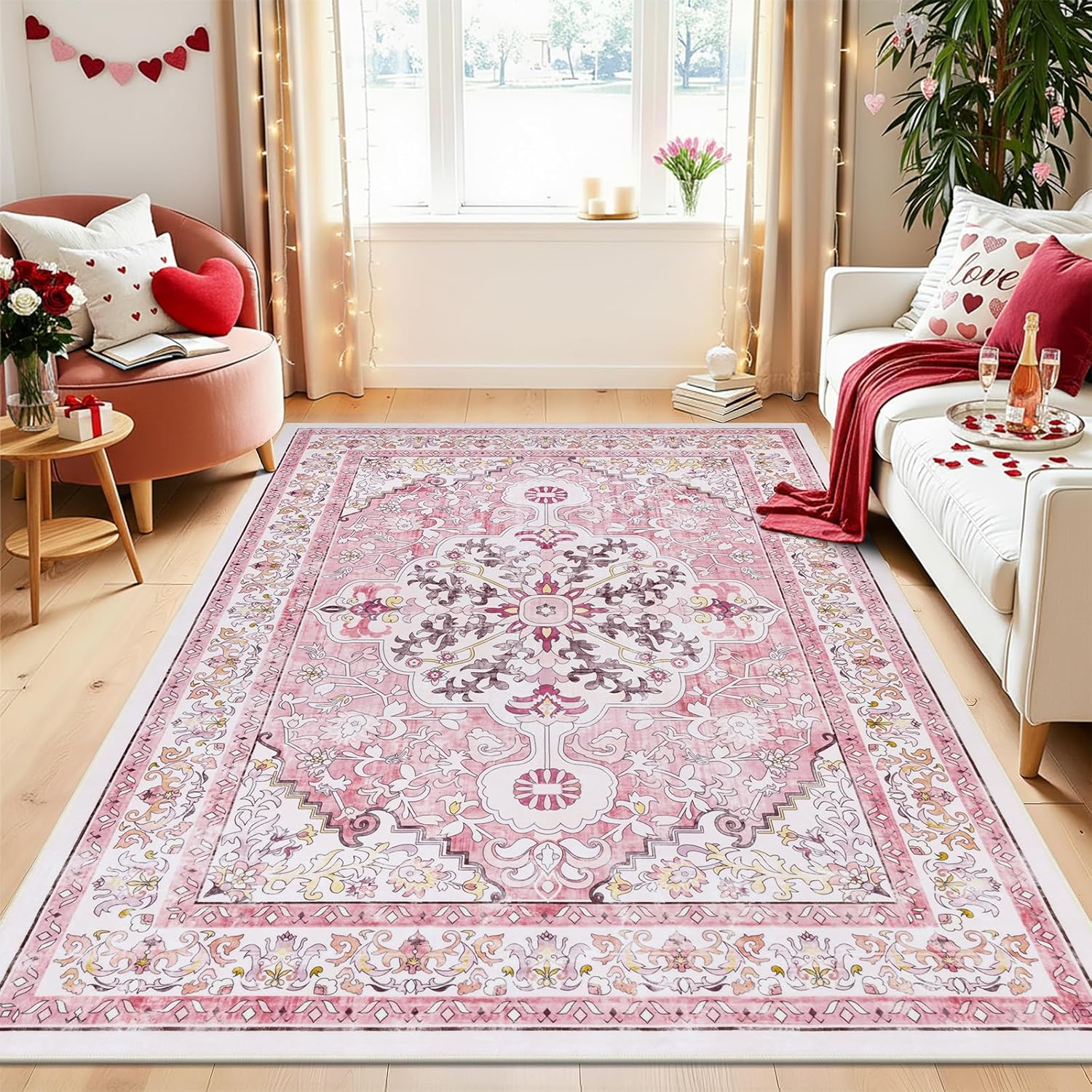 U'Artlines Boho Vintage Area Rug 8x10 Machine Washable Low Pile Soft Floor Carpet Non Slip Non Shedding Accent Rug for Living Room Bedroom Entryway Dining Room Office Cream Tan