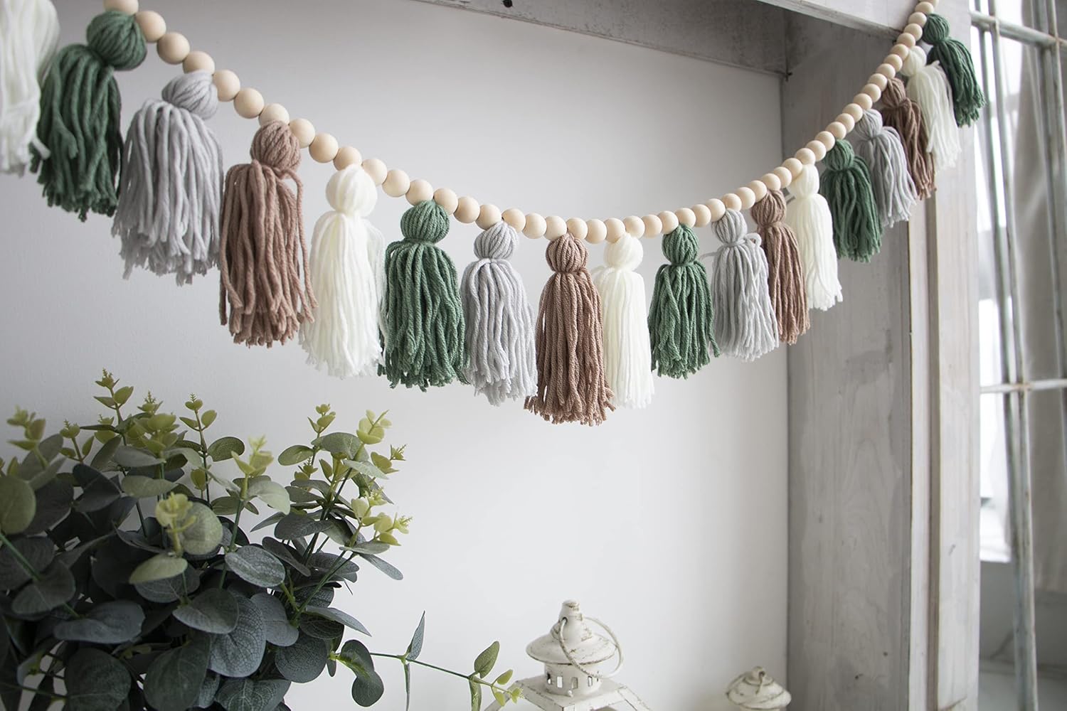 Decocove Tassel Garland - Boho Tassel Garland with Wood Beads - Wall Decor for Dorm, Girls Room and Nursery Room - Olive Green (50 inch)