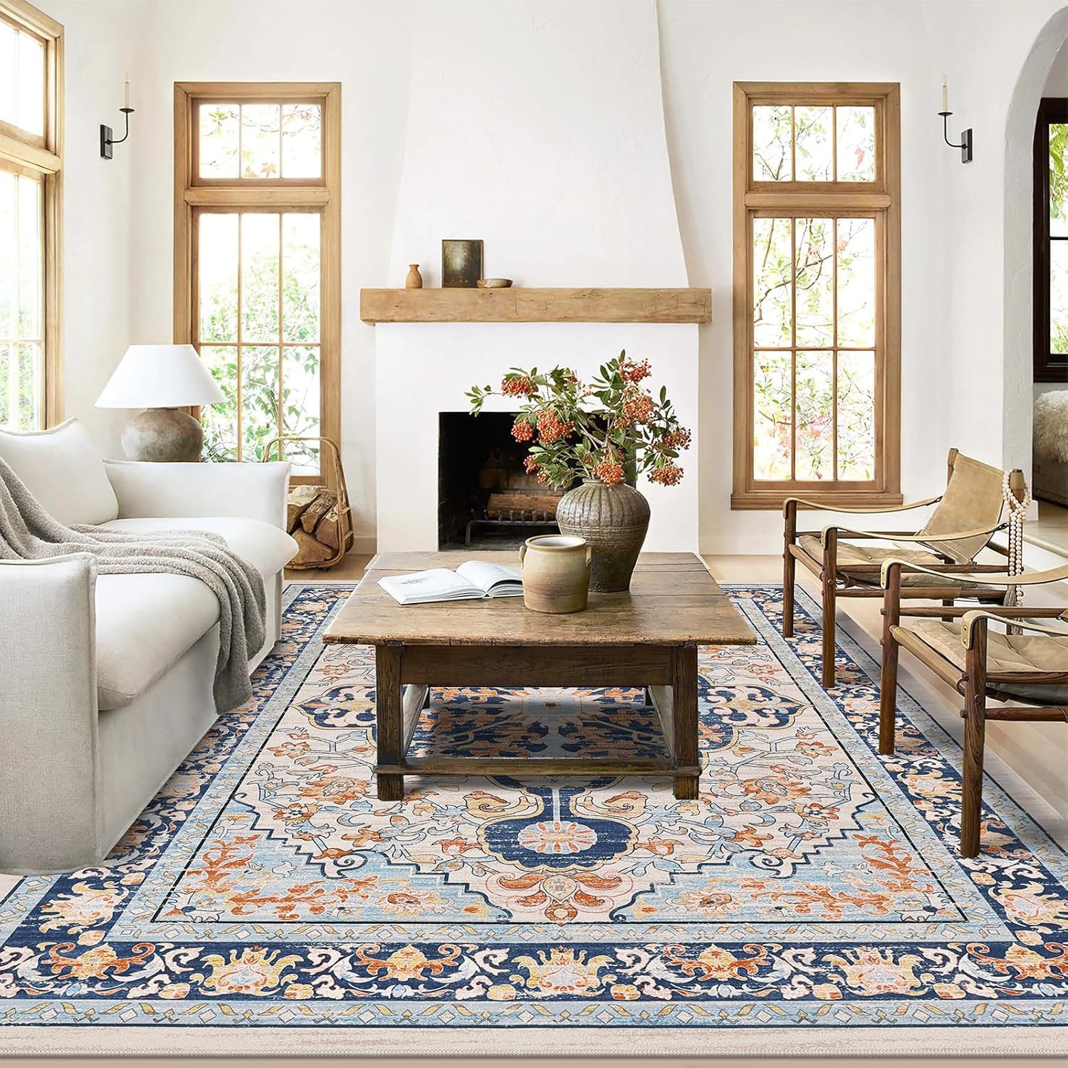 U'Artlines Boho Vintage Area Rug 8x10 Machine Washable Low Pile Soft Floor Carpet Non Slip Non Shedding Accent Rug for Living Room Bedroom Entryway Dining Room Office Cream Tan