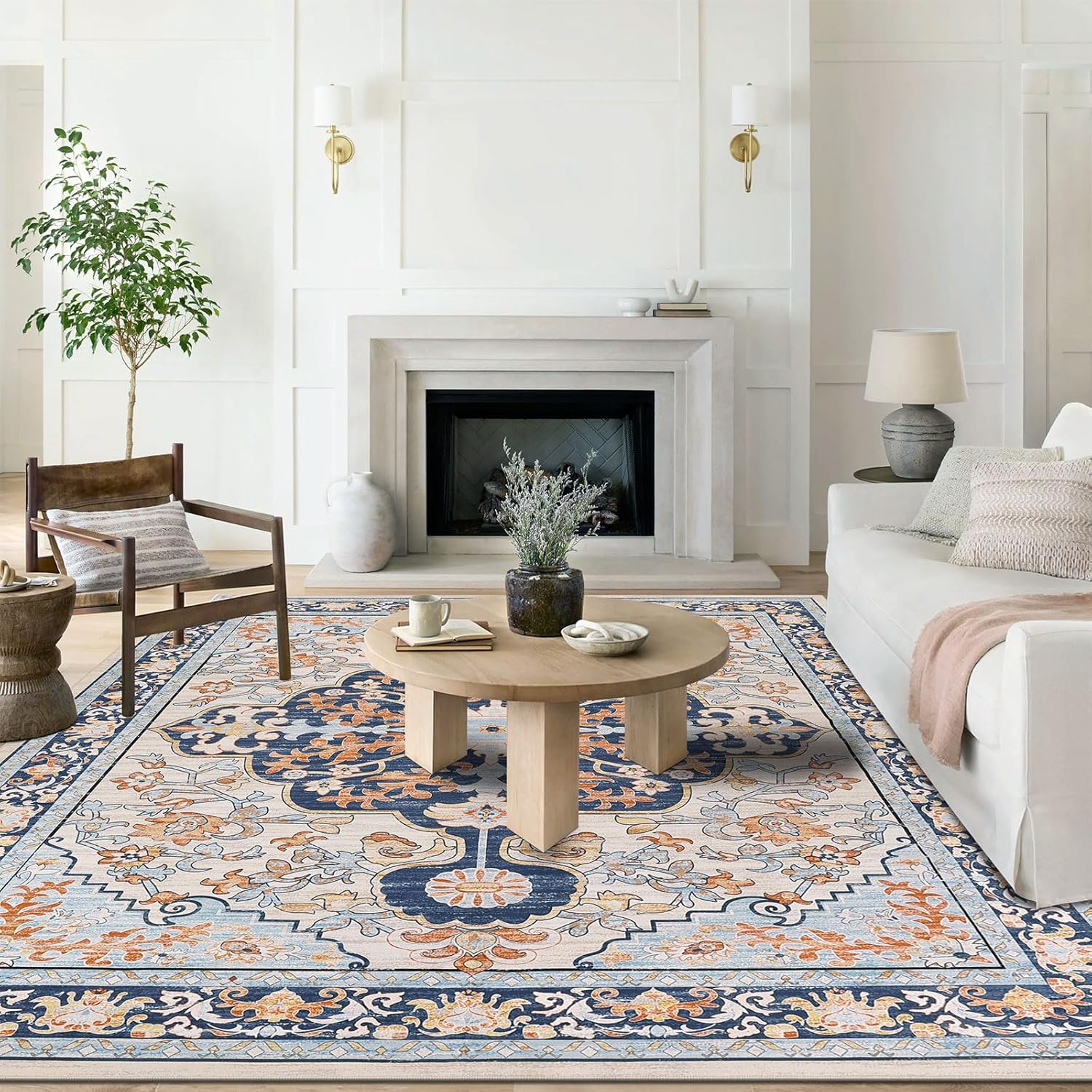 U'Artlines Boho Vintage Area Rug 8x10 Machine Washable Low Pile Soft Floor Carpet Non Slip Non Shedding Accent Rug for Living Room Bedroom Entryway Dining Room Office Cream Tan