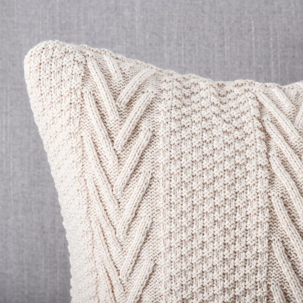MANDIOO Cotton Knitted Decorative Throw Pillow Covers Soft Cozy Outdoor Cushion Cases Luxury Modern Pillowcases for Couch Sofa Bed 24x24 Inches Beige