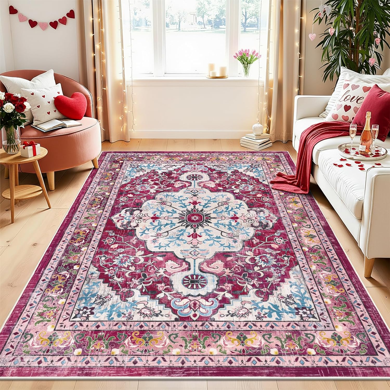 U'Artlines Boho Vintage Area Rug 8x10 Machine Washable Low Pile Soft Floor Carpet Non Slip Non Shedding Accent Rug for Living Room Bedroom Entryway Dining Room Office Cream Tan