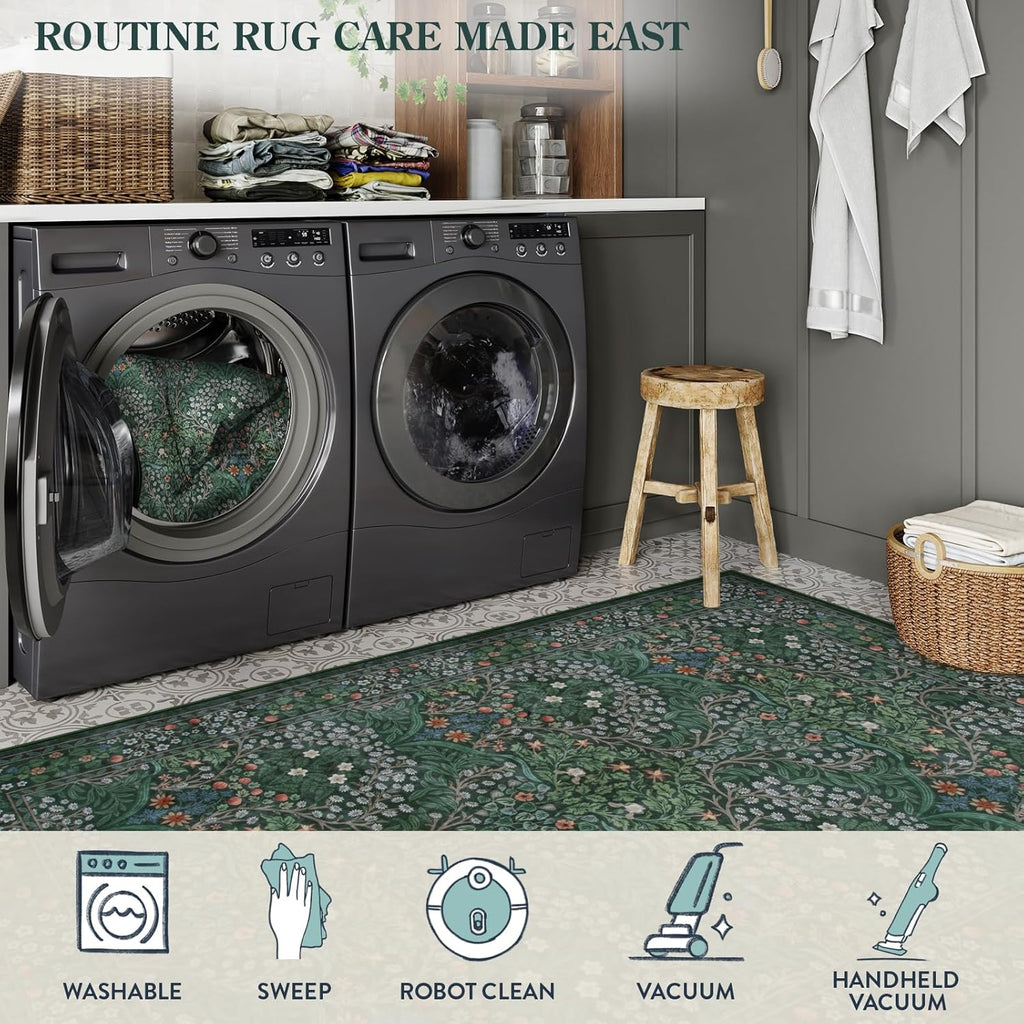 Lahome Floral Dark Green Area Rugs 8x10, Soft 8x10 Washable Rugs for Living Room Bedroom, Boho Non-Slip Forest Large Throw Carpet for Farmhouse Dining Room Office, Dark Green