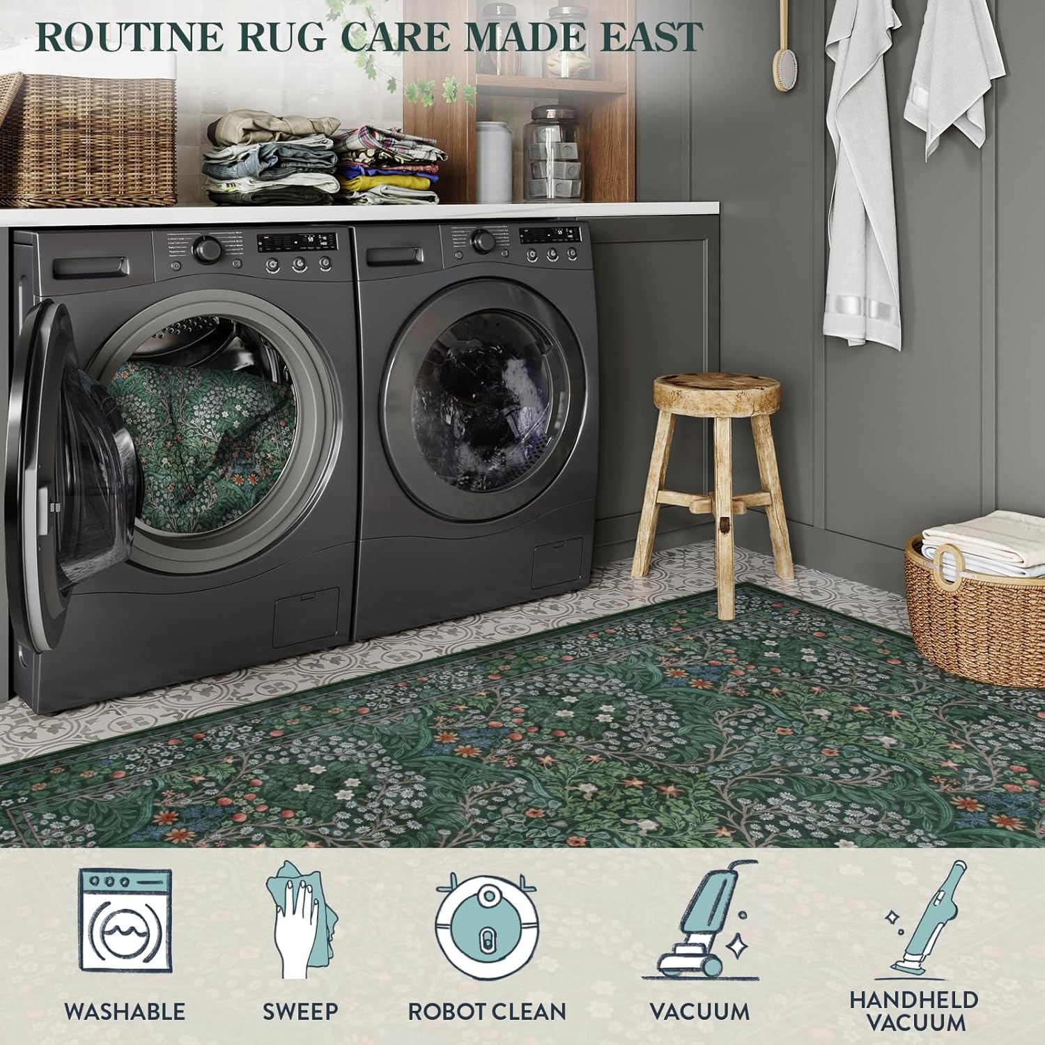 Lahome Floral Dark Green Area Rugs 8x10, Soft 8x10 Washable Rugs for Living Room Bedroom, Boho Non-Slip Forest Large Throw Carpet for Farmhouse Dining Room Office, Dark Green