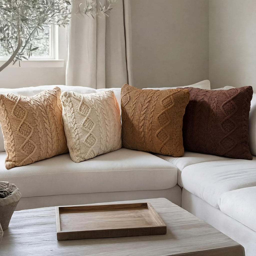 Tegeme Decorative Cable Knit Pillow Covers 18x18 Inch Neutral Sweater Couch Pillow Covers Winter Farmhouse Boho Pillowcase Square Warm Cushion Pillowcases for Bedroom Living Room Sofa