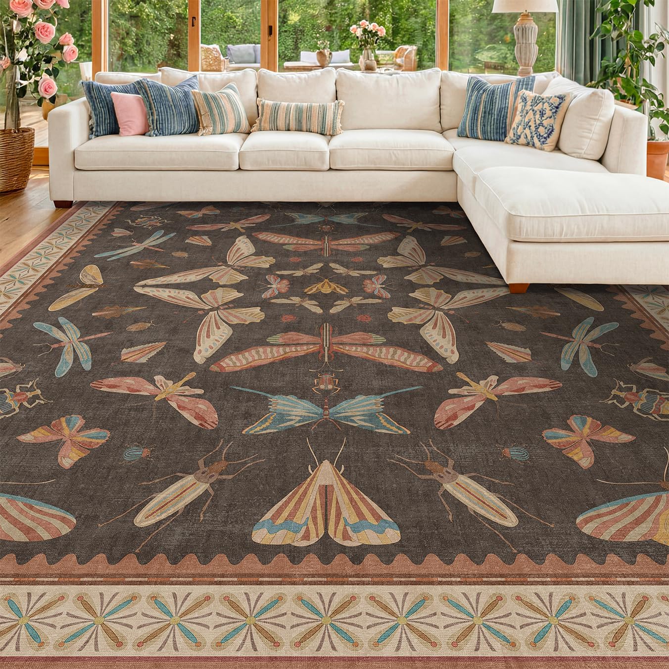 Living Room Rug Black Boho 6x9 - Dining Room Rugs for Under Table, Bedroom, Insect Bug Eclectic Home Décor, Washable Non Slip Foldable