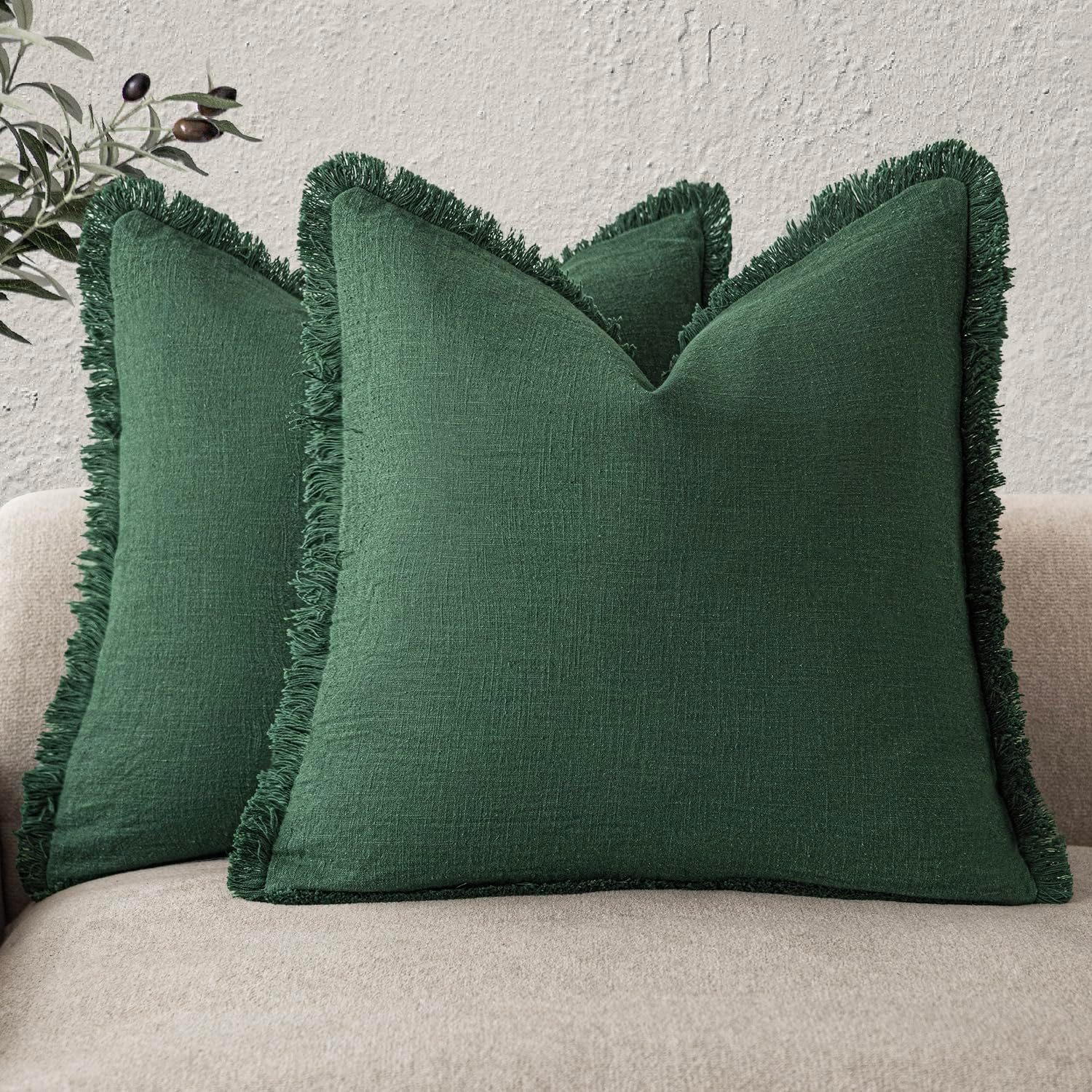 Foindtower Set of 2 Decorative Linen Fringe Throw Pillow Covers Cozy Boho Farmhouse Cushion Cover with Tassels Soft Accent Pillowcase for Couch Sofa Living Room Home Decor, 26×26 Inch, Natural Beige