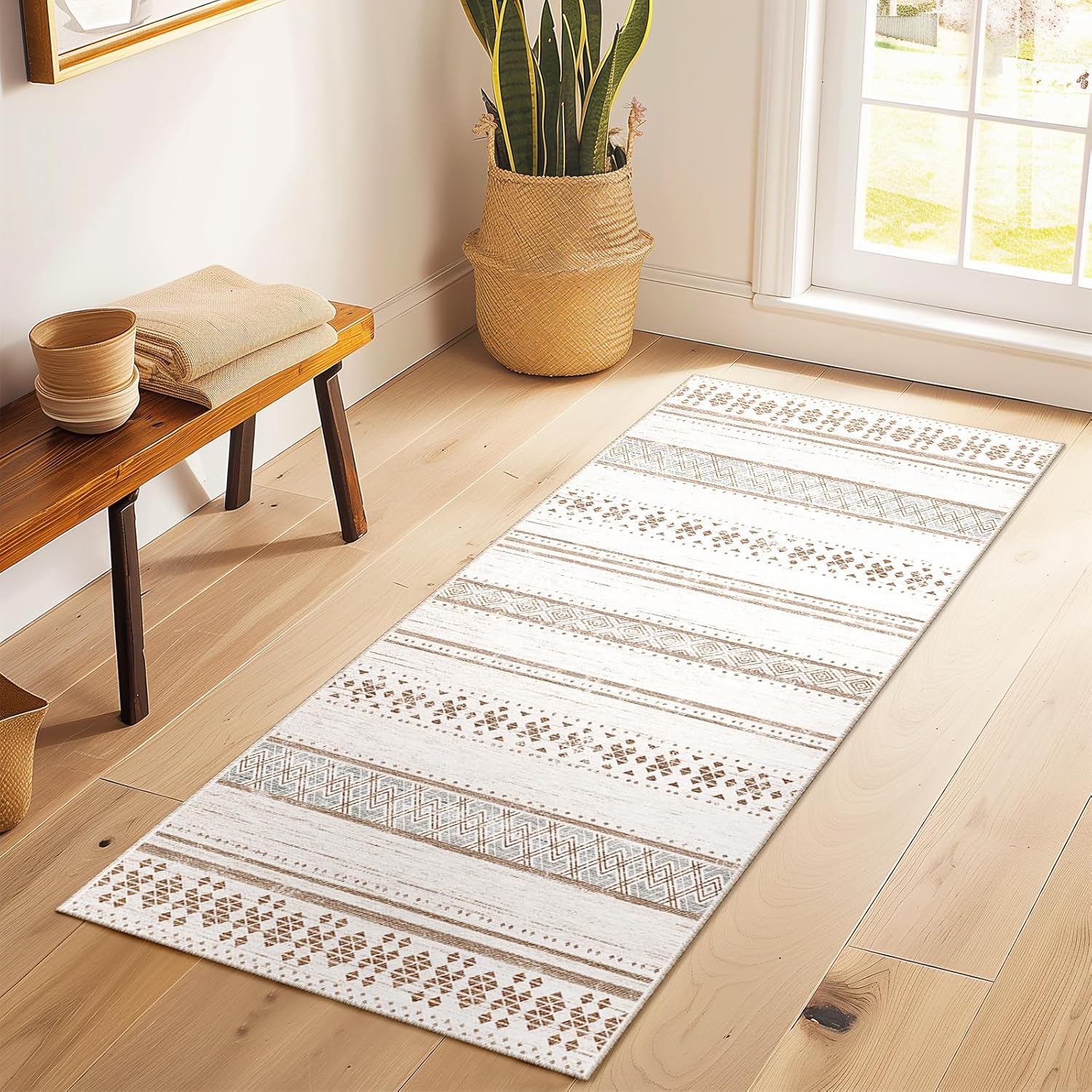 BESTSWEETIE 8x10 Area Rugs for Living Room Washable Moroccan Farmhouse Neutral Geometric Low Pile Non-Slip Soft Print Pattern Rug for Bedroom Kitchen Dining Room Entryway Black/Brown