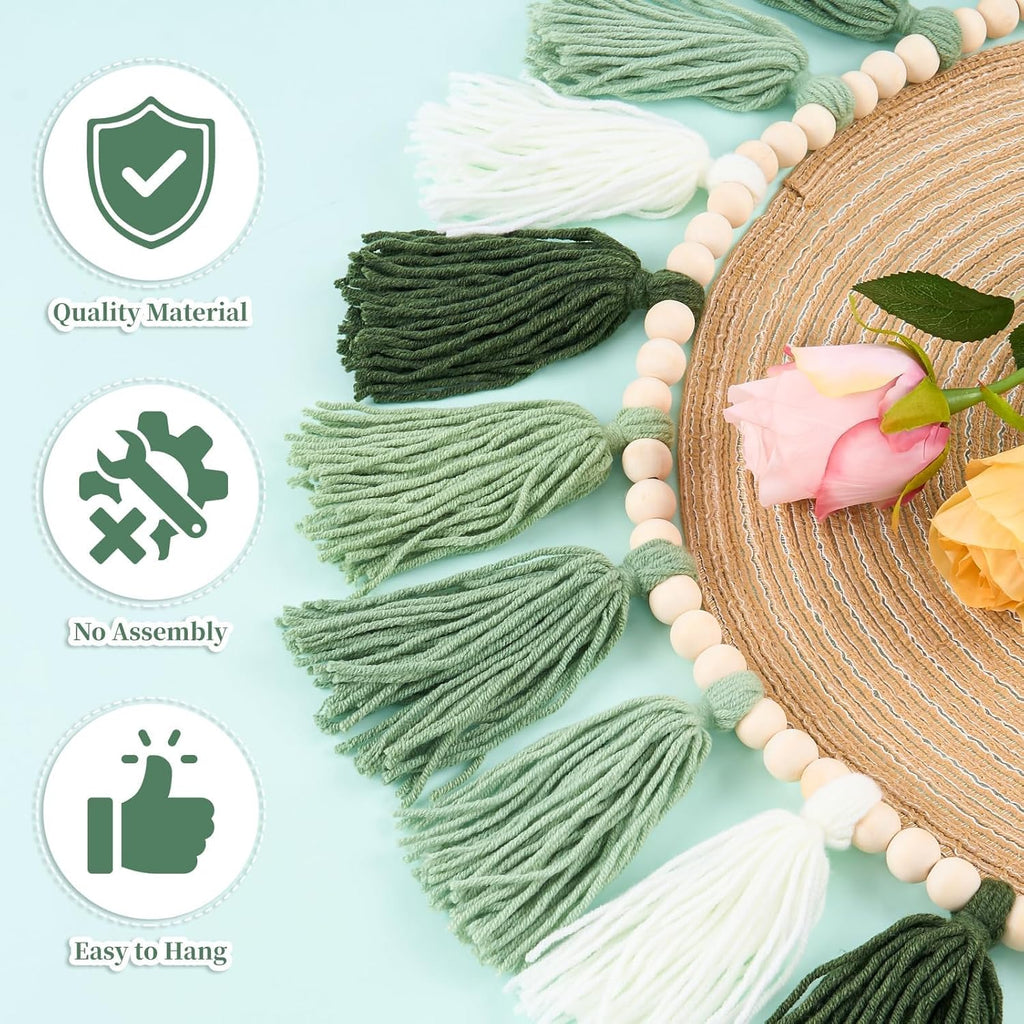 3 Pcs Green Boho Yarn Tassel Garlands Sage Green Wall Hanging Decoration with Wood Beads Neutral Woodland Forest Party Tassel Banner for Nursery Classroom Room Dorm Birthday Baby Shower Deco