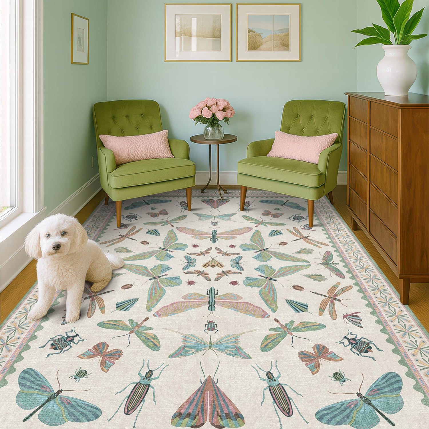 Living Room Rug Black Boho 6x9 - Dining Room Rugs for Under Table, Bedroom, Insect Bug Eclectic Home Décor, Washable Non Slip Foldable