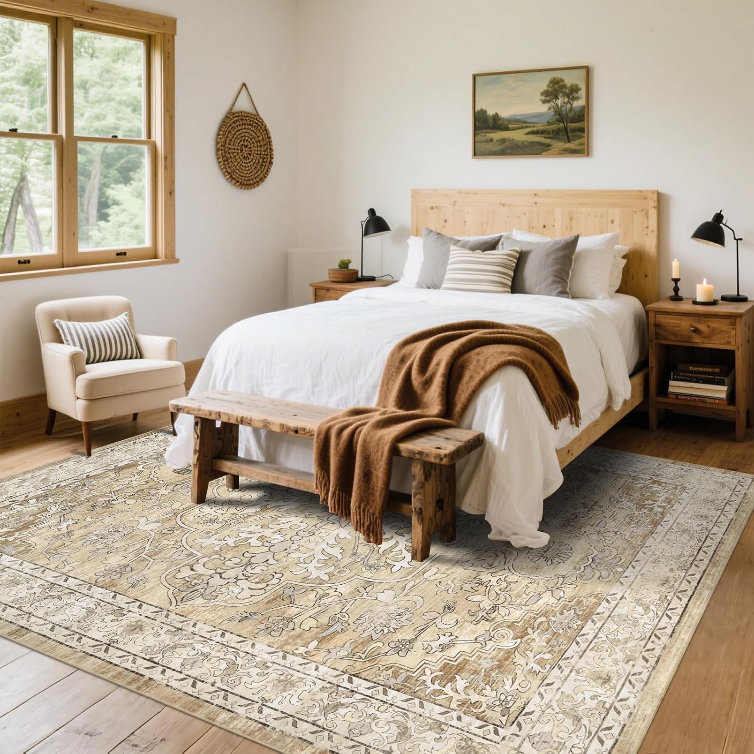 U'Artlines Boho Vintage Area Rug 8x10 Machine Washable Low Pile Soft Floor Carpet Non Slip Non Shedding Accent Rug for Living Room Bedroom Entryway Dining Room Office Cream Tan