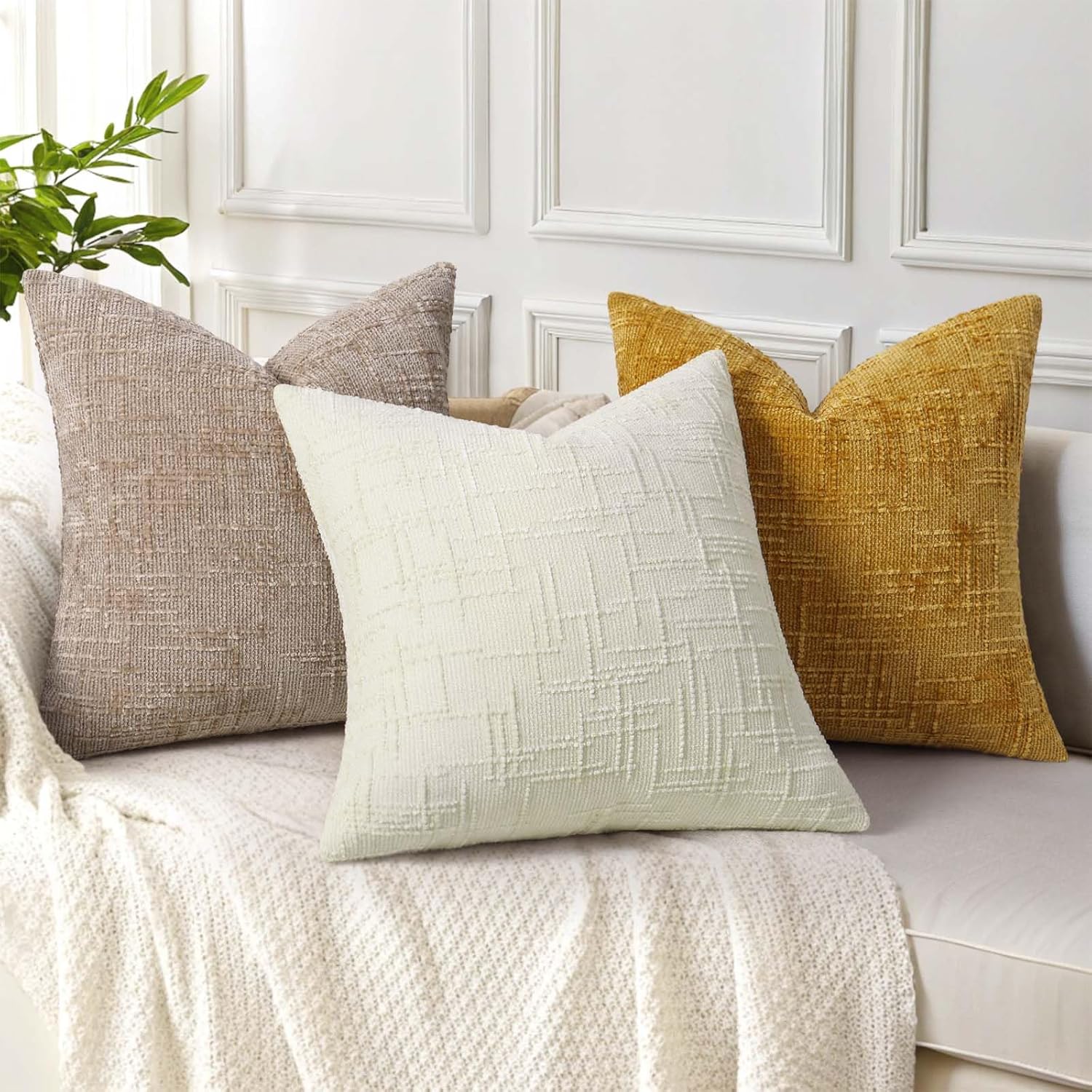 decorUhome Spring Cream White Chenille Euro Sham Throw Pillow Covers 22x22 Set of 2 Textured Soft Cozy Slubby Couch Pillow Covers Modern Farmhouse Boho Decorative Pillow Cases for Bed Sofa Living Room