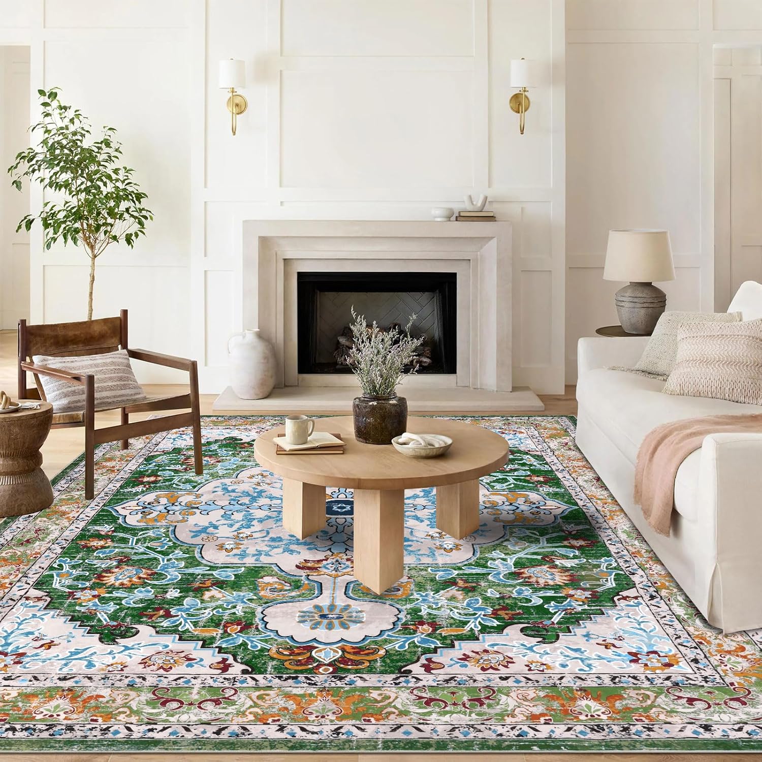 U'Artlines Boho Vintage Area Rug 8x10 Machine Washable Low Pile Soft Floor Carpet Non Slip Non Shedding Accent Rug for Living Room Bedroom Entryway Dining Room Office Cream Tan