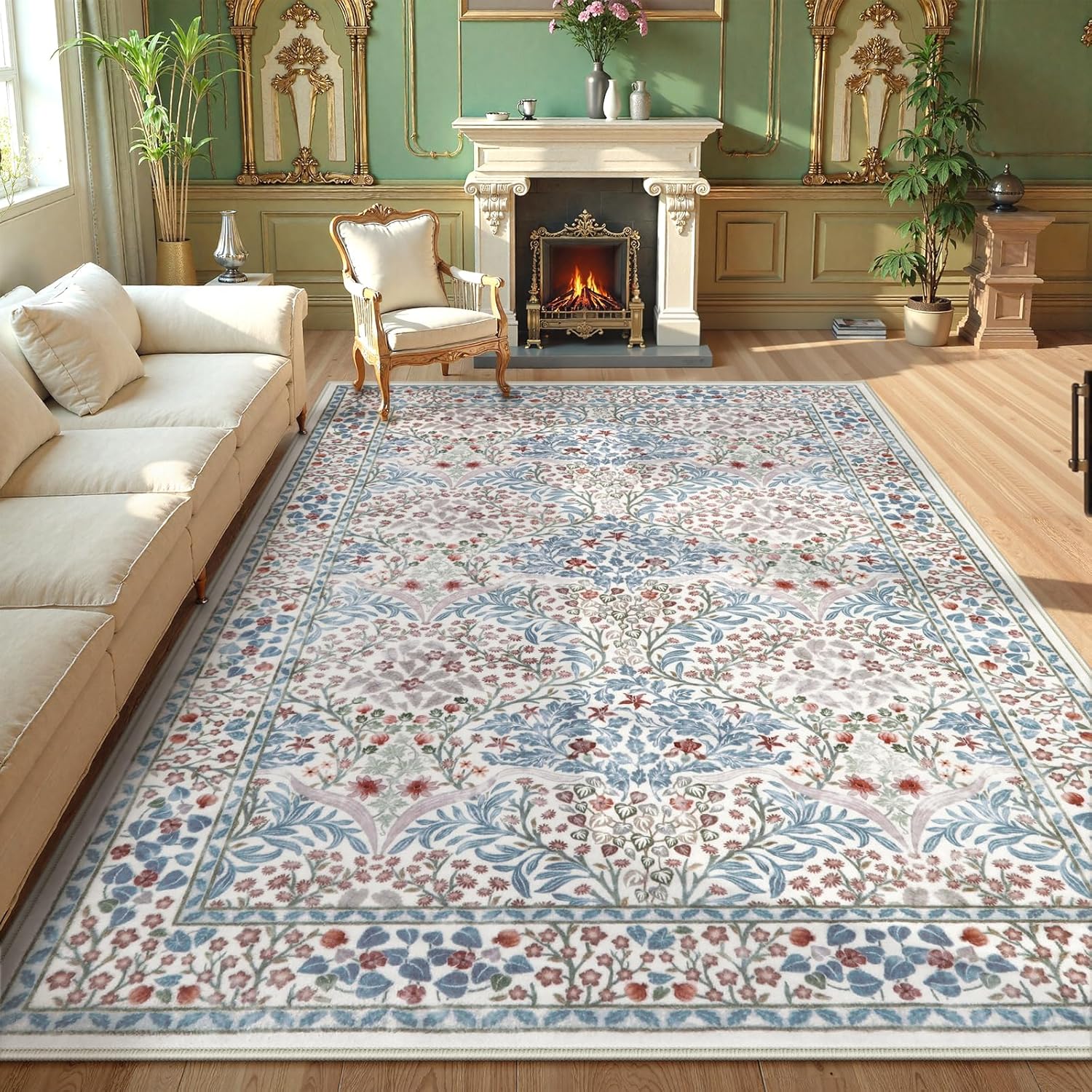 Lahome Floral Dark Green Area Rugs 8x10, Soft 8x10 Washable Rugs for Living Room Bedroom, Boho Non-Slip Forest Large Throw Carpet for Farmhouse Dining Room Office, Dark Green