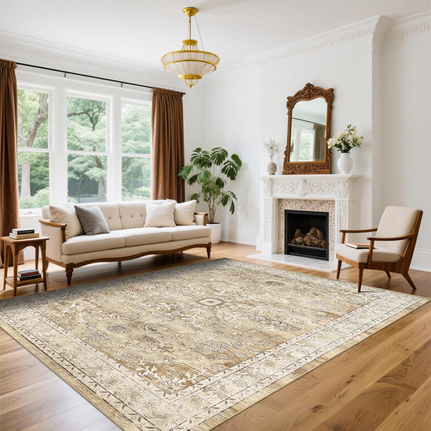 U'Artlines Boho Vintage Area Rug 8x10 Machine Washable Low Pile Soft Floor Carpet Non Slip Non Shedding Accent Rug for Living Room Bedroom Entryway Dining Room Office Cream Tan