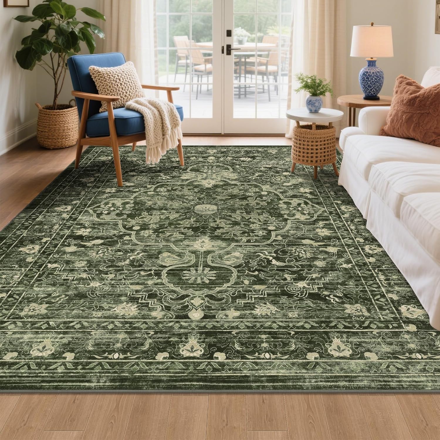 U'Artlines Boho Vintage Area Rug 8x10 Machine Washable Low Pile Soft Floor Carpet Non Slip Non Shedding Accent Rug for Living Room Bedroom Entryway Dining Room Office Cream Tan