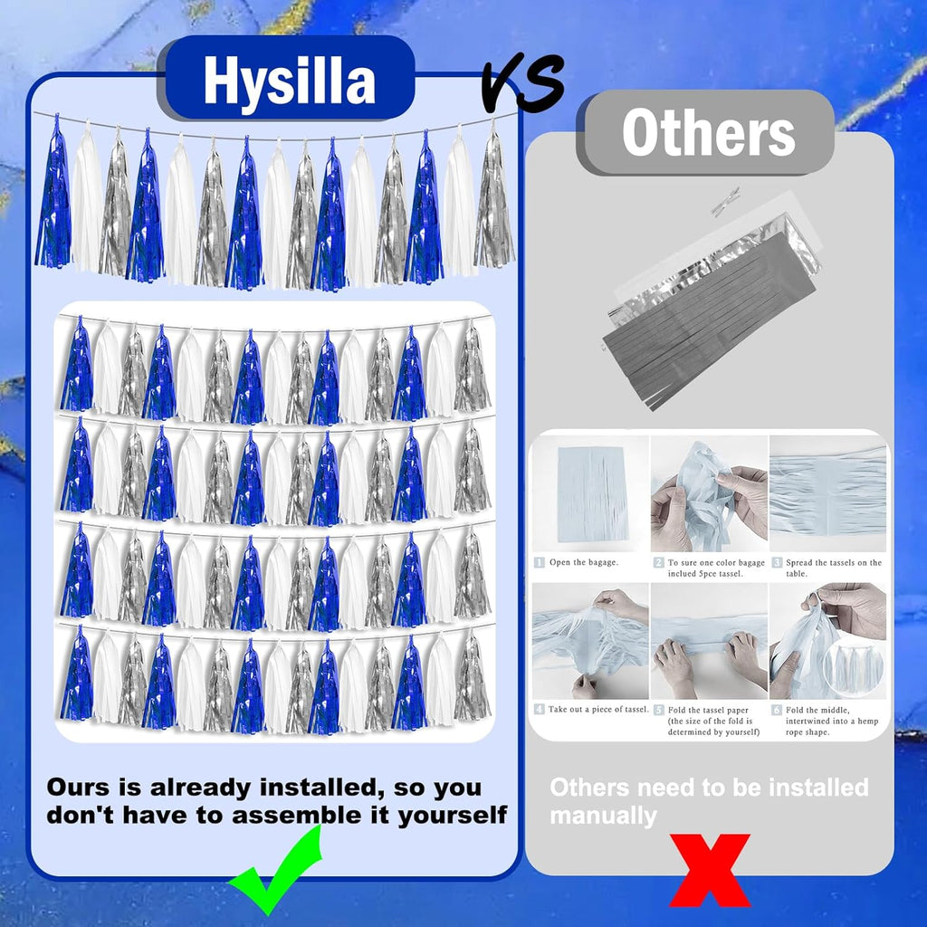 6P Navy-Blue White-Silver Tassel Garland Banner, Tassels Banner Streamers for Parade Floats, Bachelorette, Wedding, Birthday, Graduation, Christmas, Bridal/Baby Shower Party Decorations