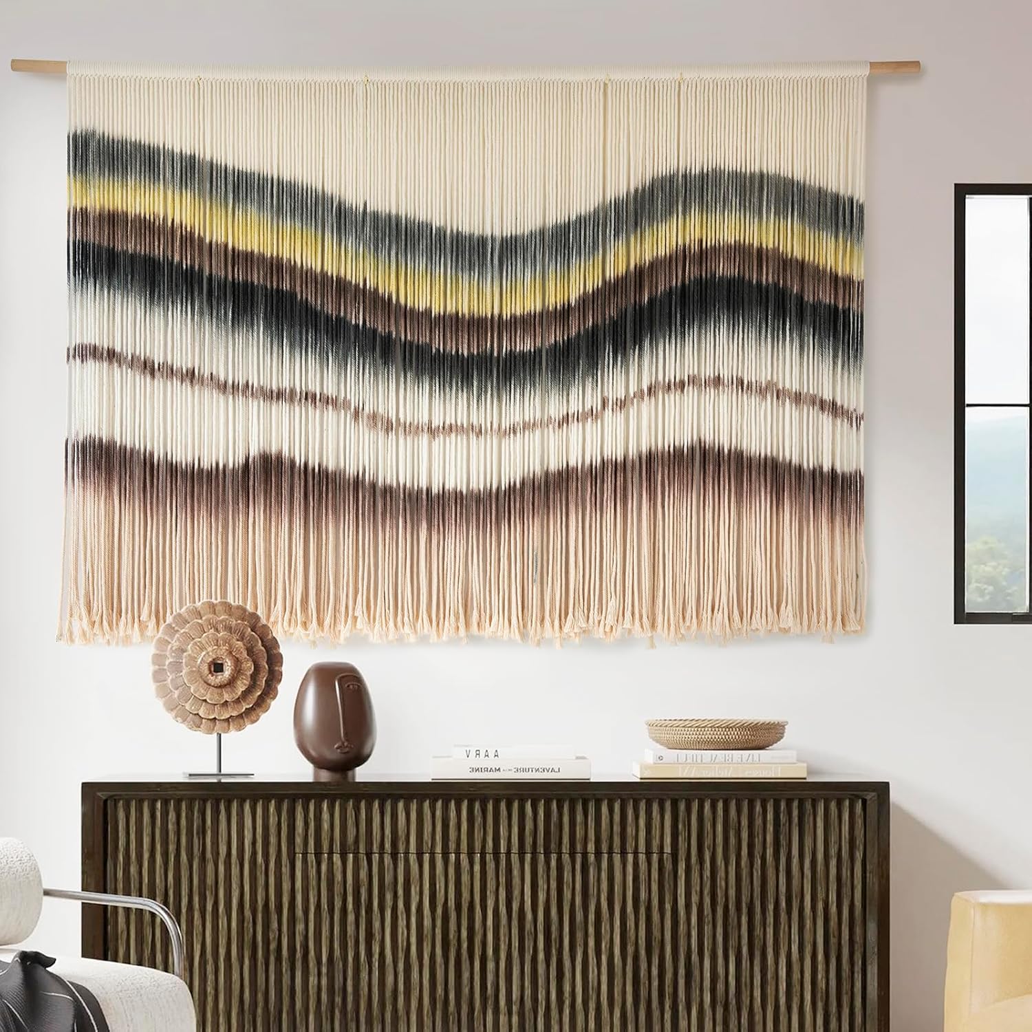 Flber Large Macrame Wall Hanging – Boho Yarn Art Garland with Tassels and Beads, Handmade Rope Decor for Nursery, Party, Wedding, Bedroom, Fireplace Mantel, or Photo Backdrop 57" W x 41" L