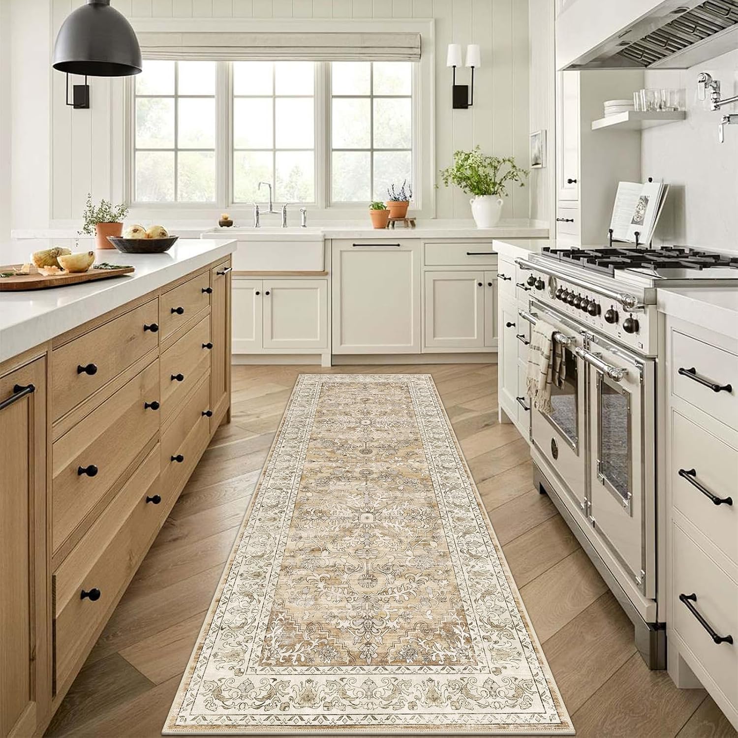 U'Artlines Boho Vintage Area Rug 8x10 Machine Washable Low Pile Soft Floor Carpet Non Slip Non Shedding Accent Rug for Living Room Bedroom Entryway Dining Room Office Cream Tan