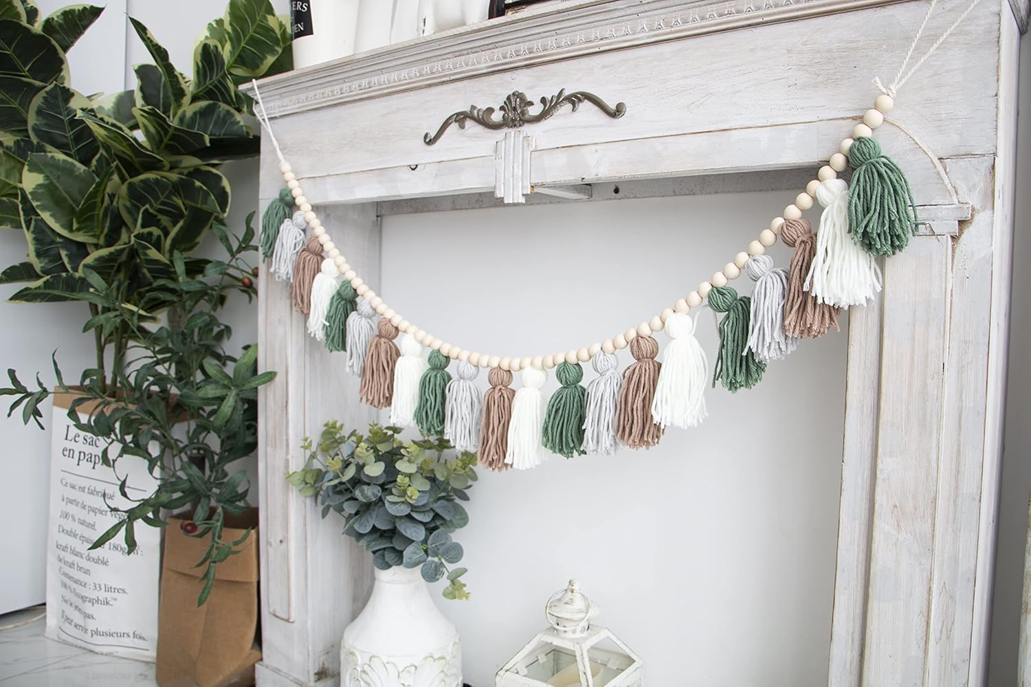 Decocove Tassel Garland - Boho Tassel Garland with Wood Beads - Wall Decor for Dorm, Girls Room and Nursery Room - Olive Green (50 inch)