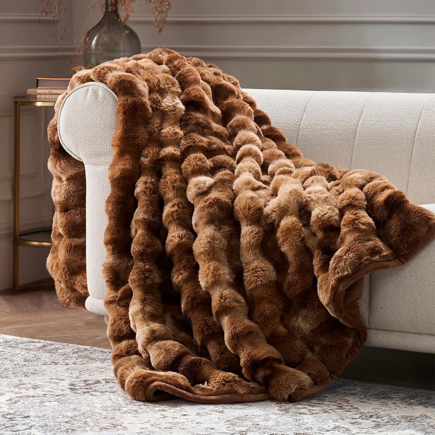 EverGrace Ultra Soft Luxury Fluffy Faux Rabbit Fur Throw Blanket, Thick Warm Bubble Throw for Bed, Cozy Plush Reversible Blankets for Couch, Chair, Sofa, Cream, 60x80 Inches