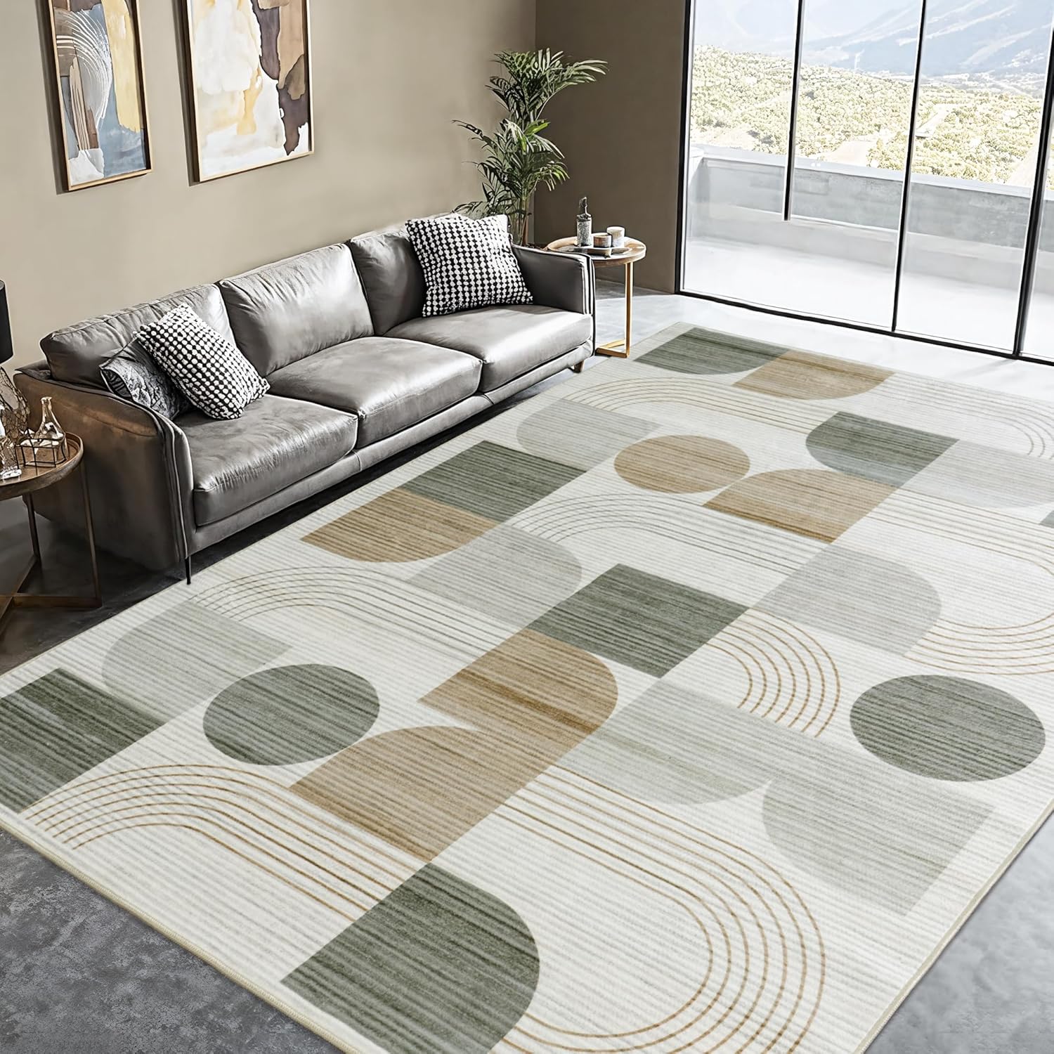 Large Machine Washable 6x9 Area Rug, Soft Modern Geometric Abstract Brown Rugs for Bedroom Living Room, Non-Shedding Faux Wool Indoor Throw Floor Carpet for Office Entryway Dining Room Decor