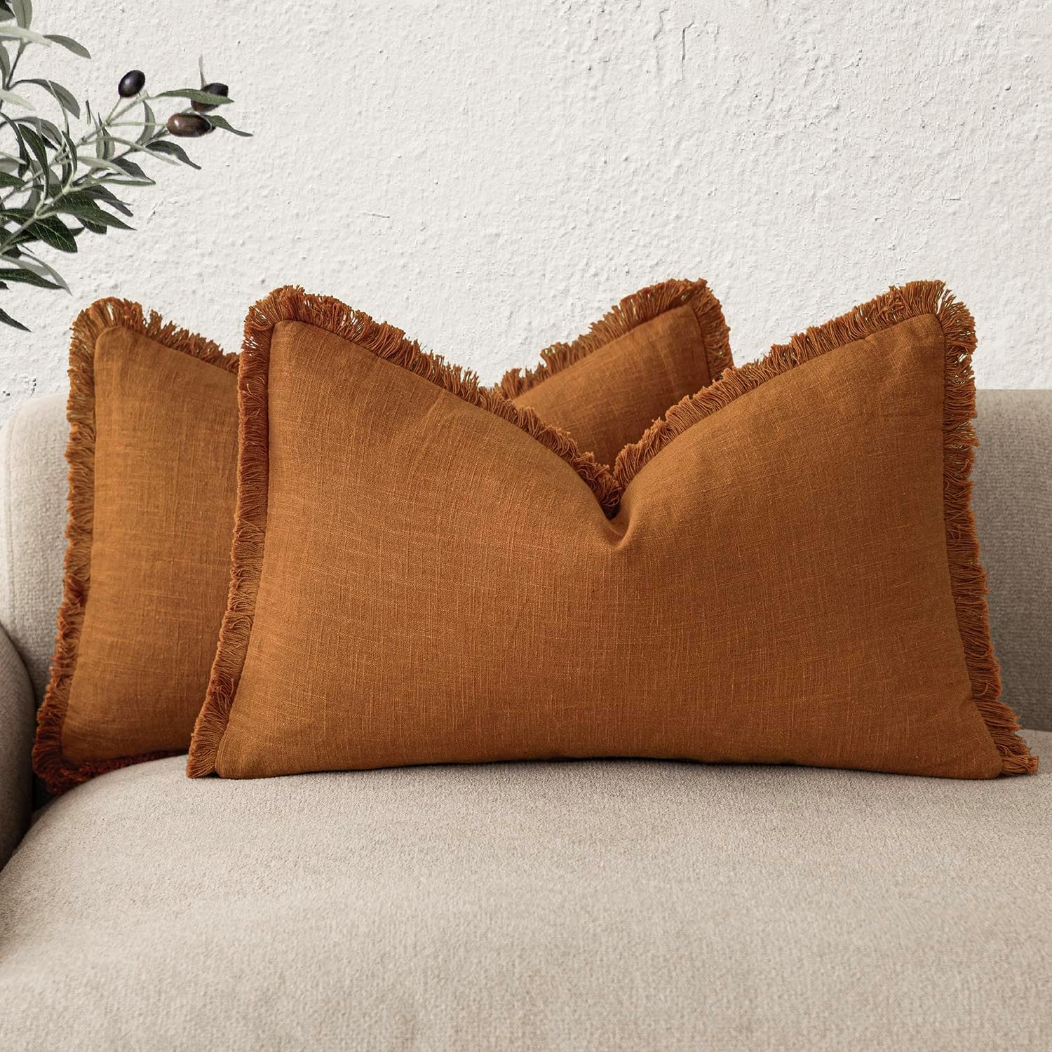 Foindtower Set of 2 Decorative Linen Fringe Throw Pillow Covers Cozy Boho Farmhouse Cushion Cover with Tassels Soft Accent Pillowcase for Couch Sofa Living Room Home Decor, 26×26 Inch, Natural Beige