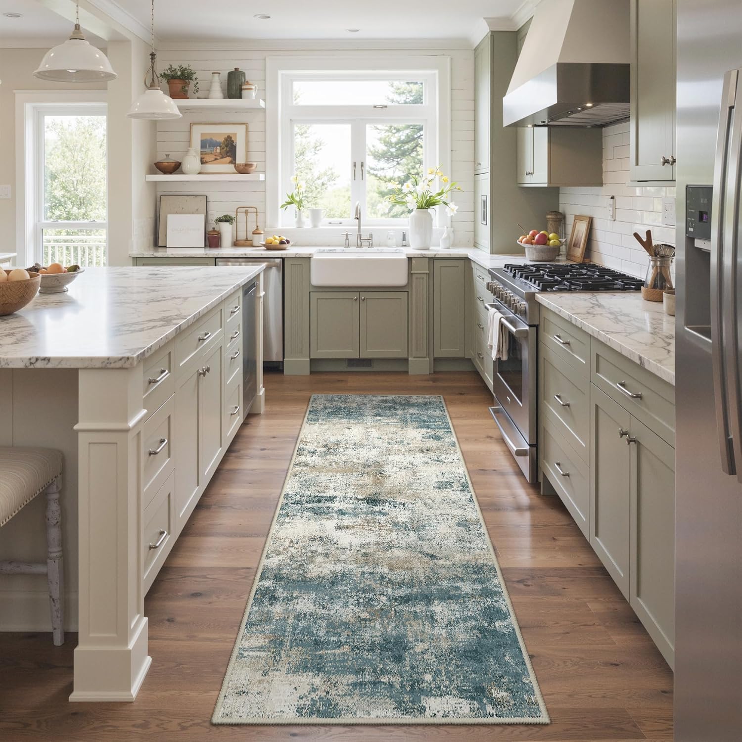 Machine Washable Rug 8x10 Area Rugs for Living Room Bedroom, Large Turquoise Abstract Area Rug Soft Throw Rugs, Low-Pile Floor Carpet with Non Slip Rubber Backing