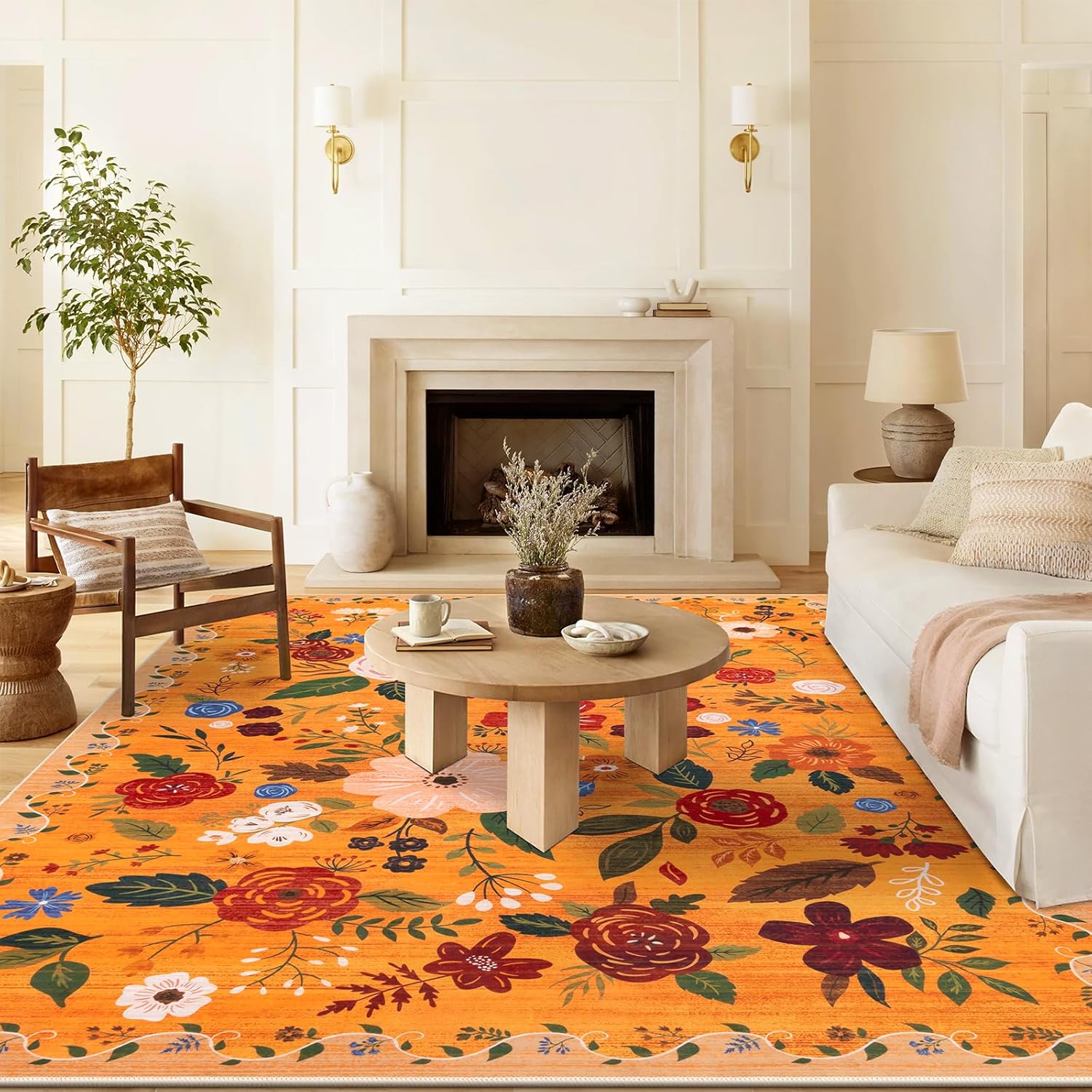 U'Artlines Boho Vintage Area Rug 8x10 Machine Washable Low Pile Soft Floor Carpet Non Slip Non Shedding Accent Rug for Living Room Bedroom Entryway Dining Room Office Cream Tan