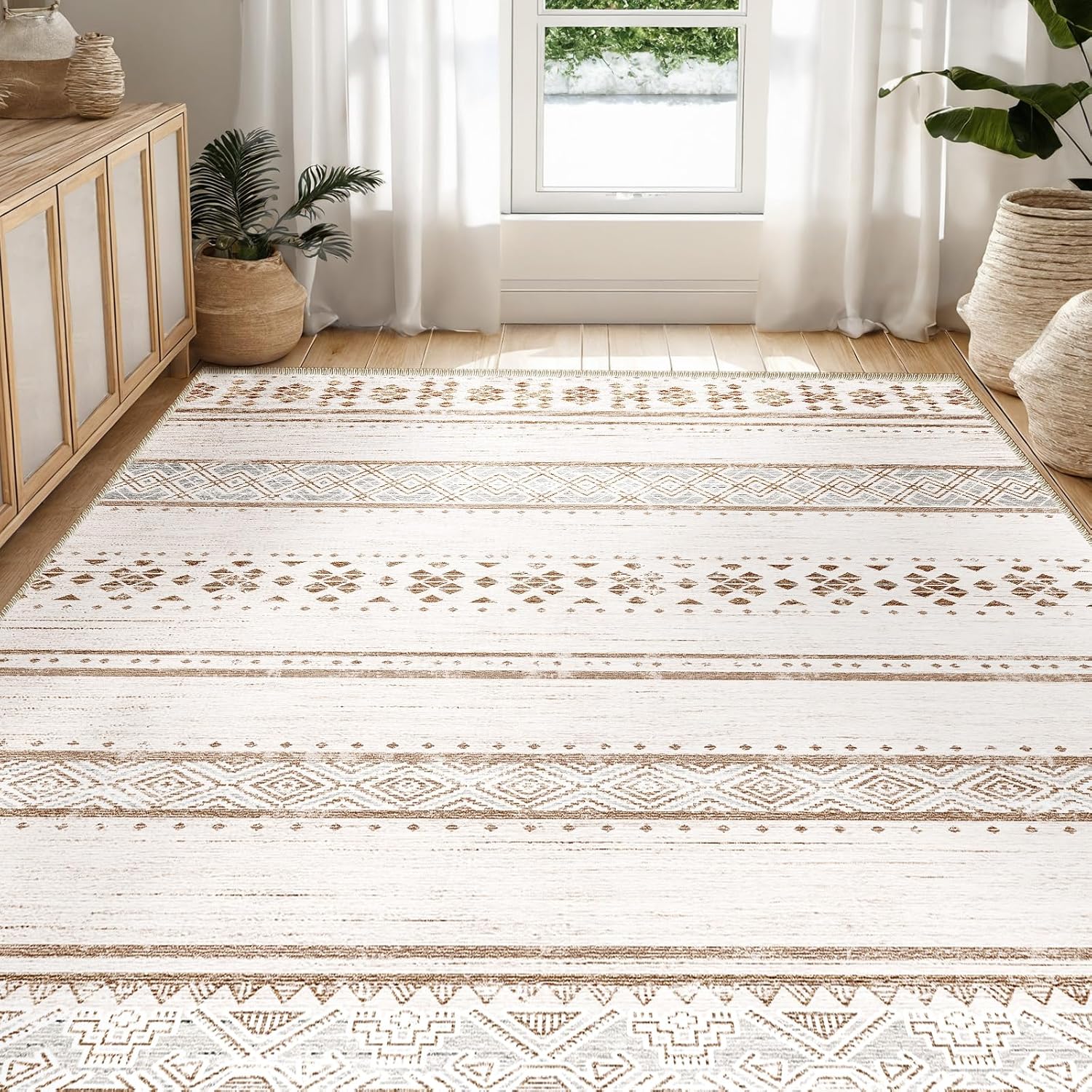 BESTSWEETIE 8x10 Area Rugs for Living Room Washable Moroccan Farmhouse Neutral Geometric Low Pile Non-Slip Soft Print Pattern Rug for Bedroom Kitchen Dining Room Entryway Black/White