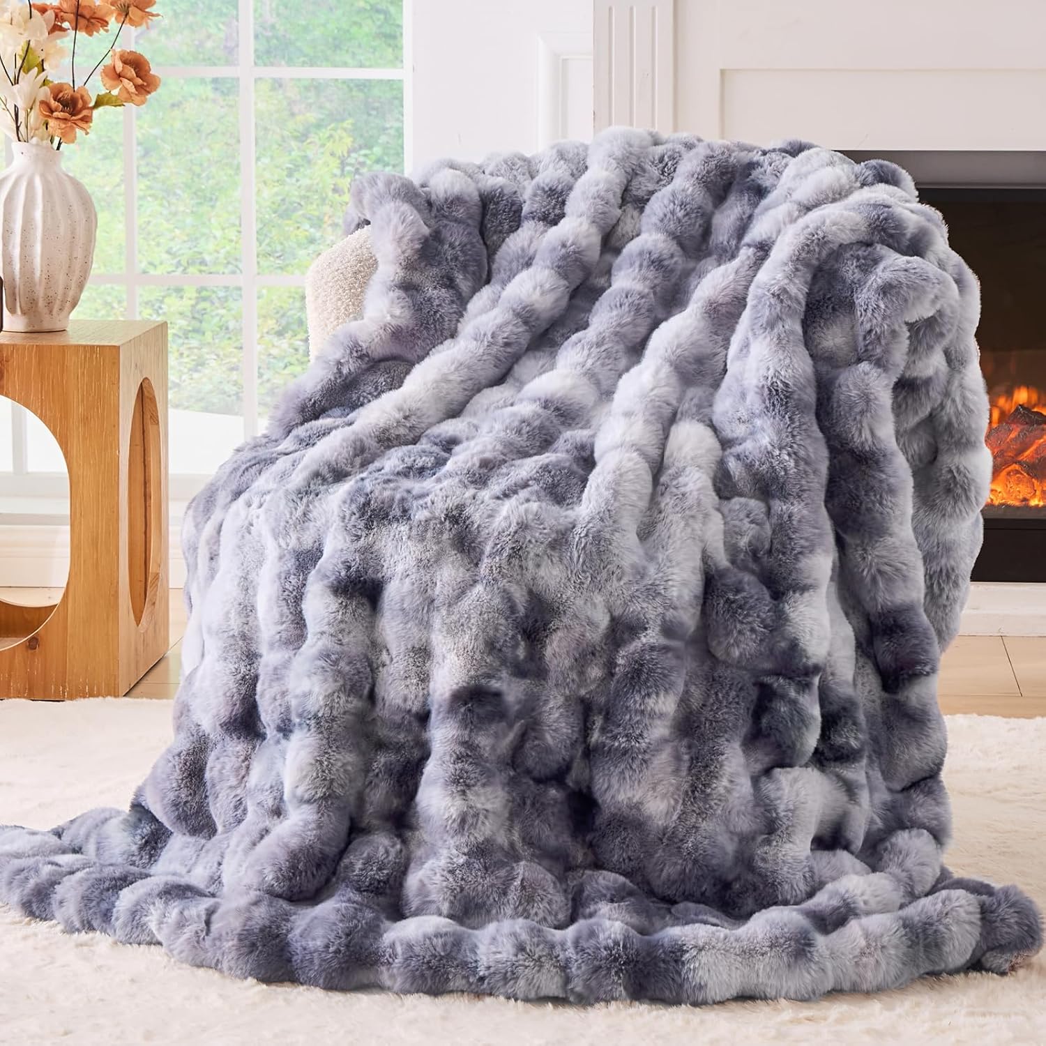 BENVWE Fluffy Faux Fur Throw Blanket for Couch, Soft Plush Thick Cozy Fuzzy Luxury Minky Bubble Blanket for Home Living Room Decor Gift for Women, Tie-dye Coffee, 50" x 60", 1100GSM