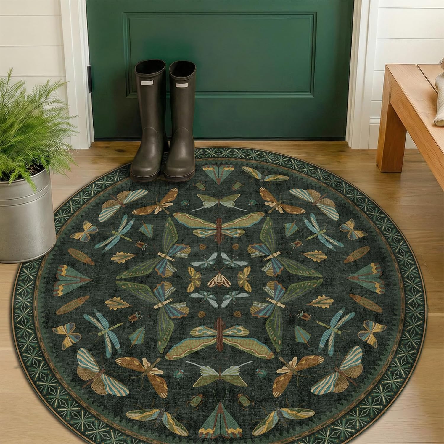 Living Room Rug Black Boho 6x9 - Dining Room Rugs for Under Table, Bedroom, Insect Bug Eclectic Home Décor, Washable Non Slip Foldable