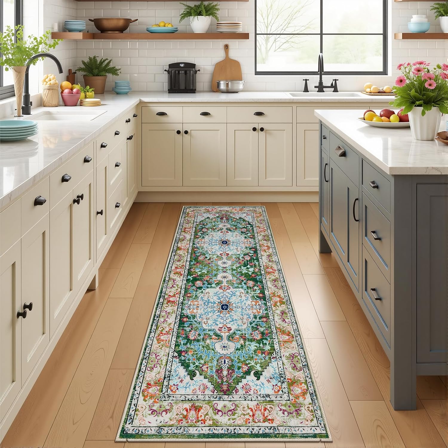 U'Artlines Boho Vintage Area Rug 8x10 Machine Washable Low Pile Soft Floor Carpet Non Slip Non Shedding Accent Rug for Living Room Bedroom Entryway Dining Room Office Cream Tan