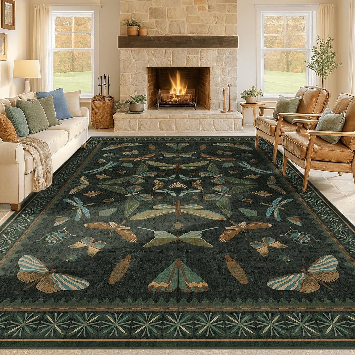 Living Room Rug Black Boho 6x9 - Dining Room Rugs for Under Table, Bedroom, Insect Bug Eclectic Home Décor, Washable Non Slip Foldable