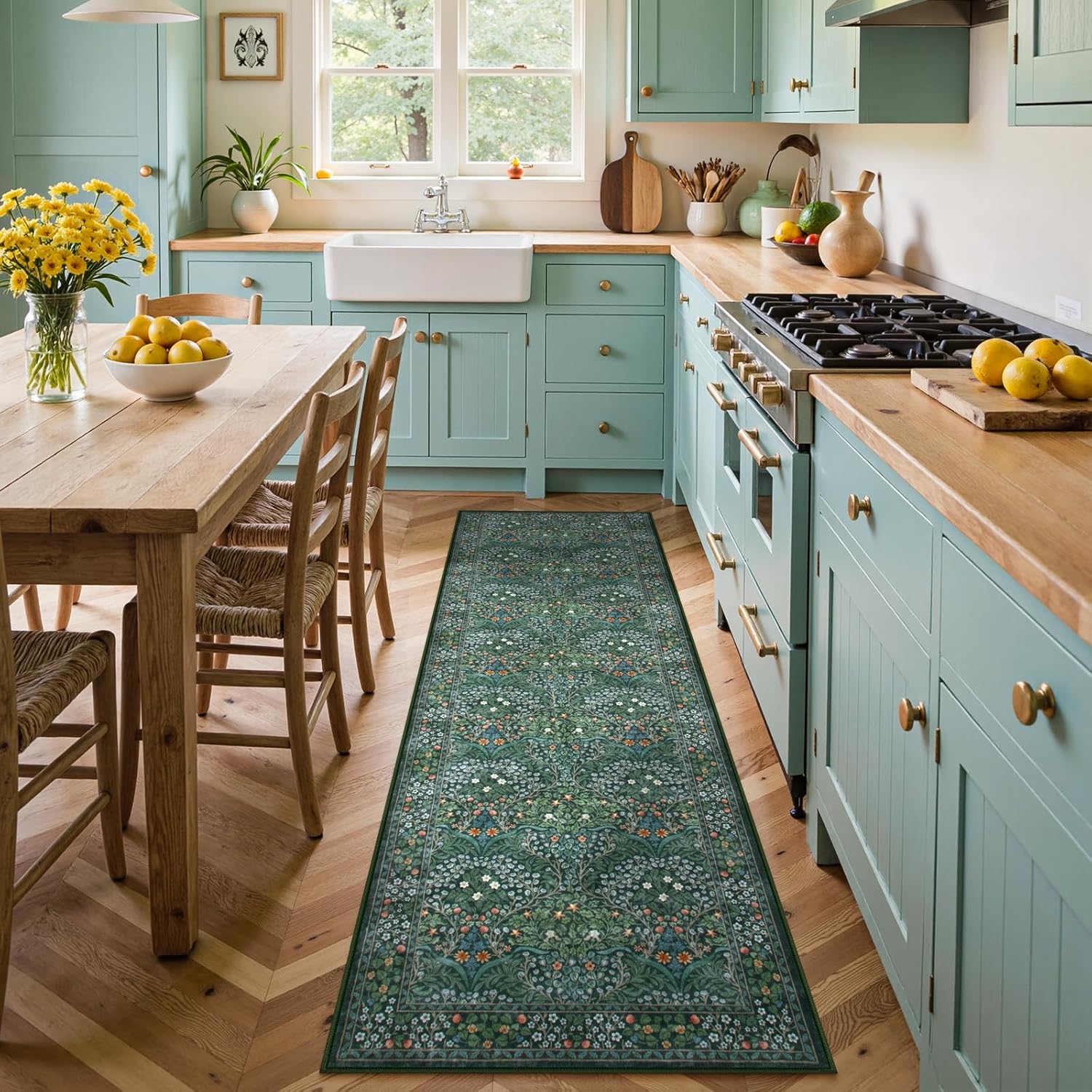 Lahome Floral Dark Green Area Rugs 8x10, Soft 8x10 Washable Rugs for Living Room Bedroom, Boho Non-Slip Forest Large Throw Carpet for Farmhouse Dining Room Office, Dark Green