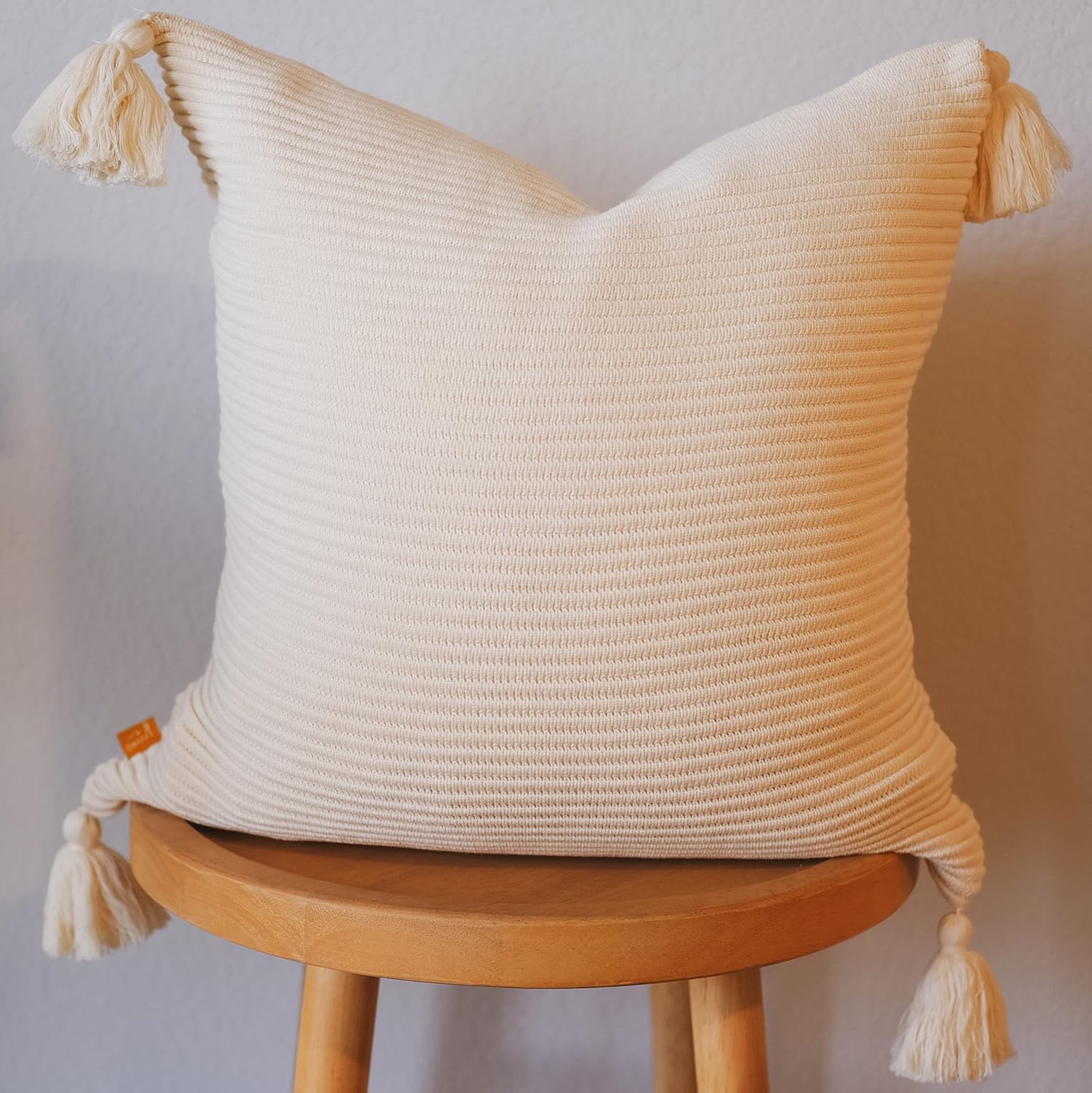 Soft Cotton Throw Pillow Cover in Neutral Beige with Ribbed Knit Texture and Tassel Corners Decorative Accent for Couch or Bed (20x20, Neutral)