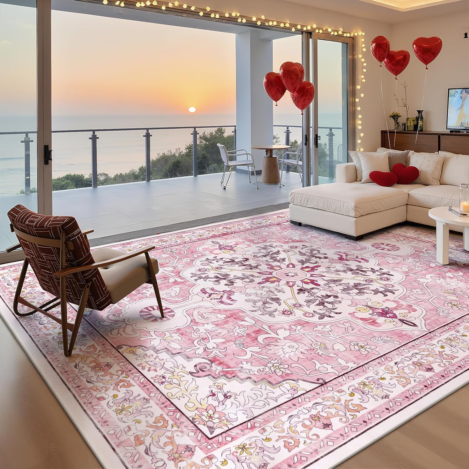 U'Artlines Boho Vintage Area Rug 8x10 Machine Washable Low Pile Soft Floor Carpet Non Slip Non Shedding Accent Rug for Living Room Bedroom Entryway Dining Room Office Cream Tan