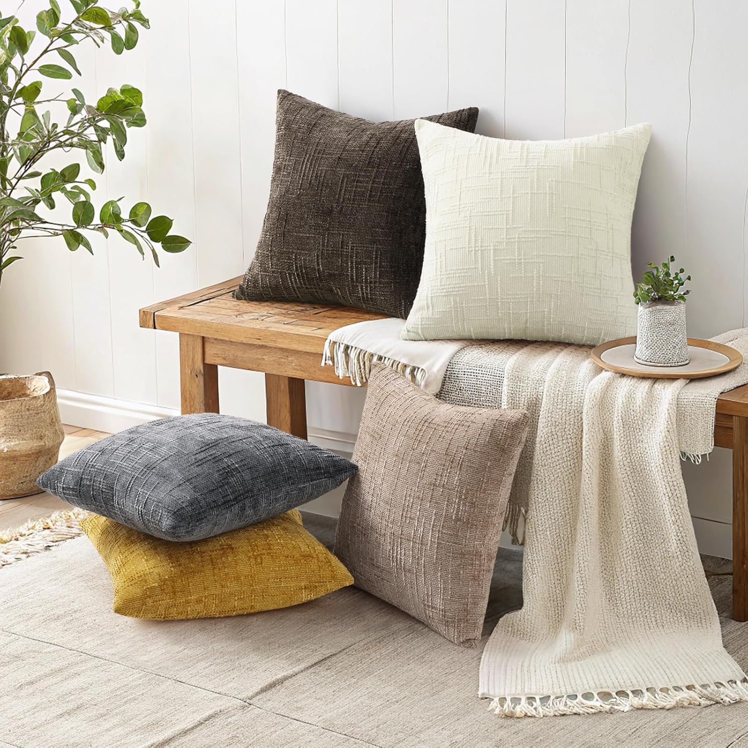 decorUhome Spring Cream White Chenille Euro Sham Throw Pillow Covers 22x22 Set of 2 Textured Soft Cozy Slubby Couch Pillow Covers Modern Farmhouse Boho Decorative Pillow Cases for Bed Sofa Living Room