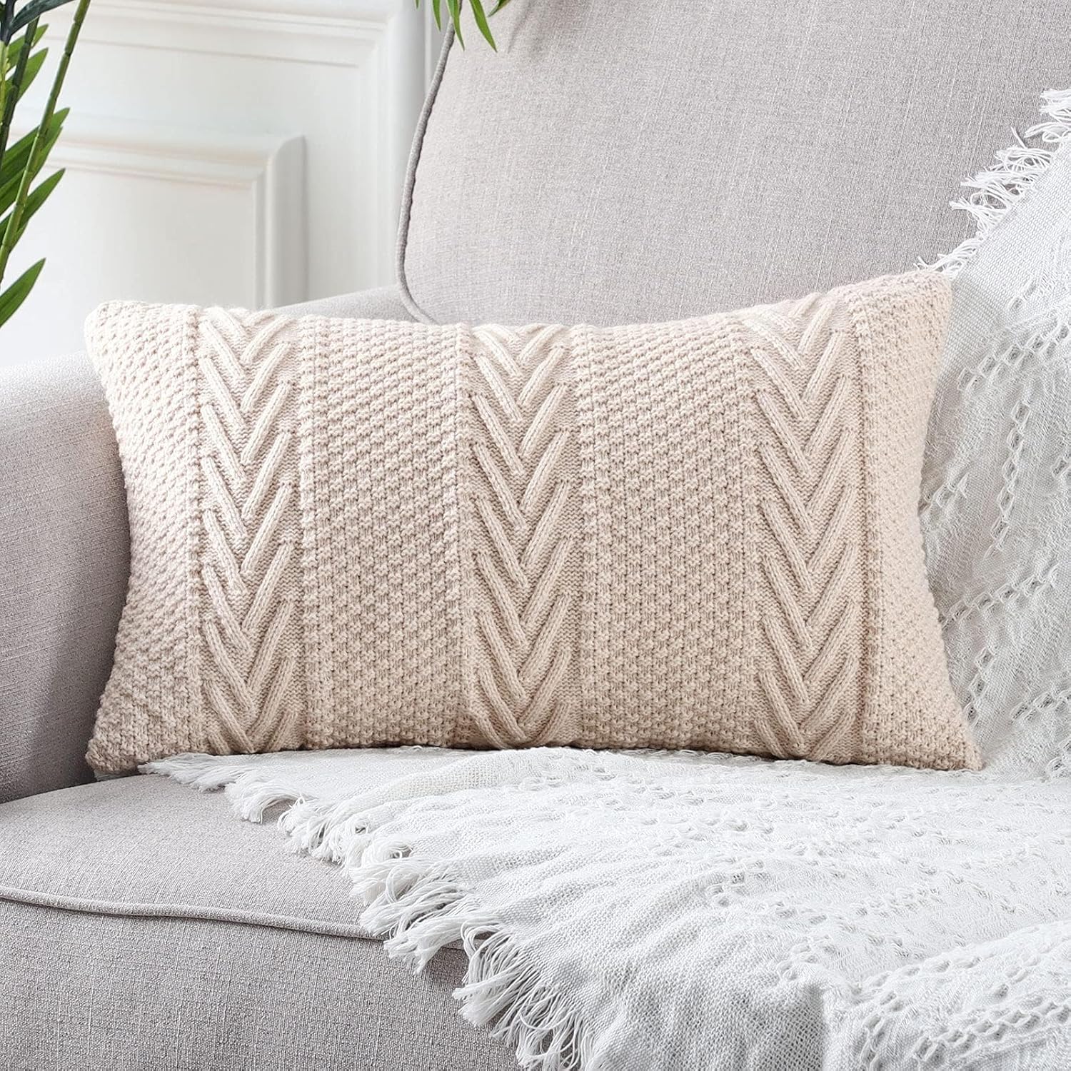 MANDIOO Cotton Knitted Decorative Throw Pillow Covers Soft Cozy Outdoor Cushion Cases Luxury Modern Pillowcases for Couch Sofa Bed 24x24 Inches Beige